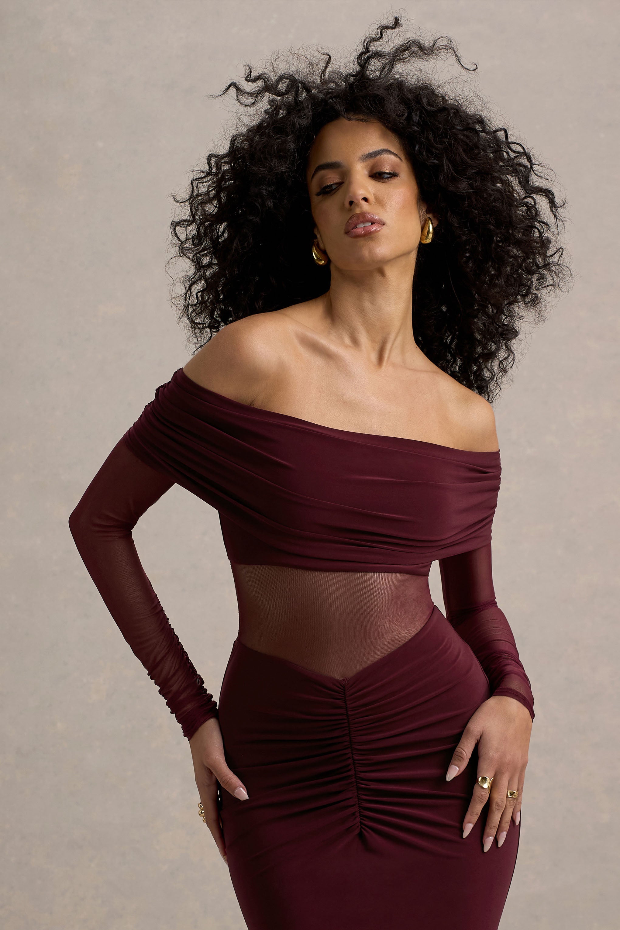 Ismeralda | Bordo File Detaylı Ruched Bardot Maxi Elbise