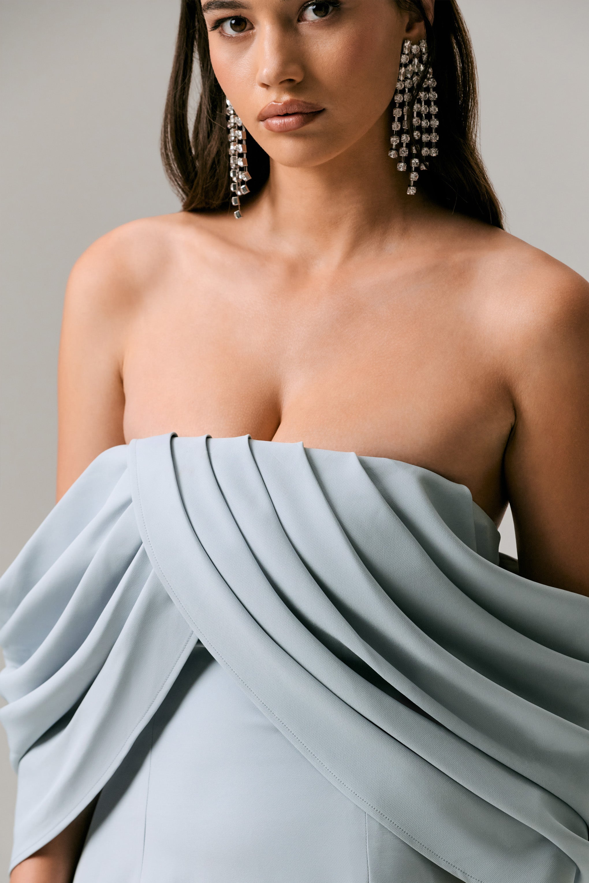 Serene | Pudra Mavi Drapeli Bardot Maxi Elbise