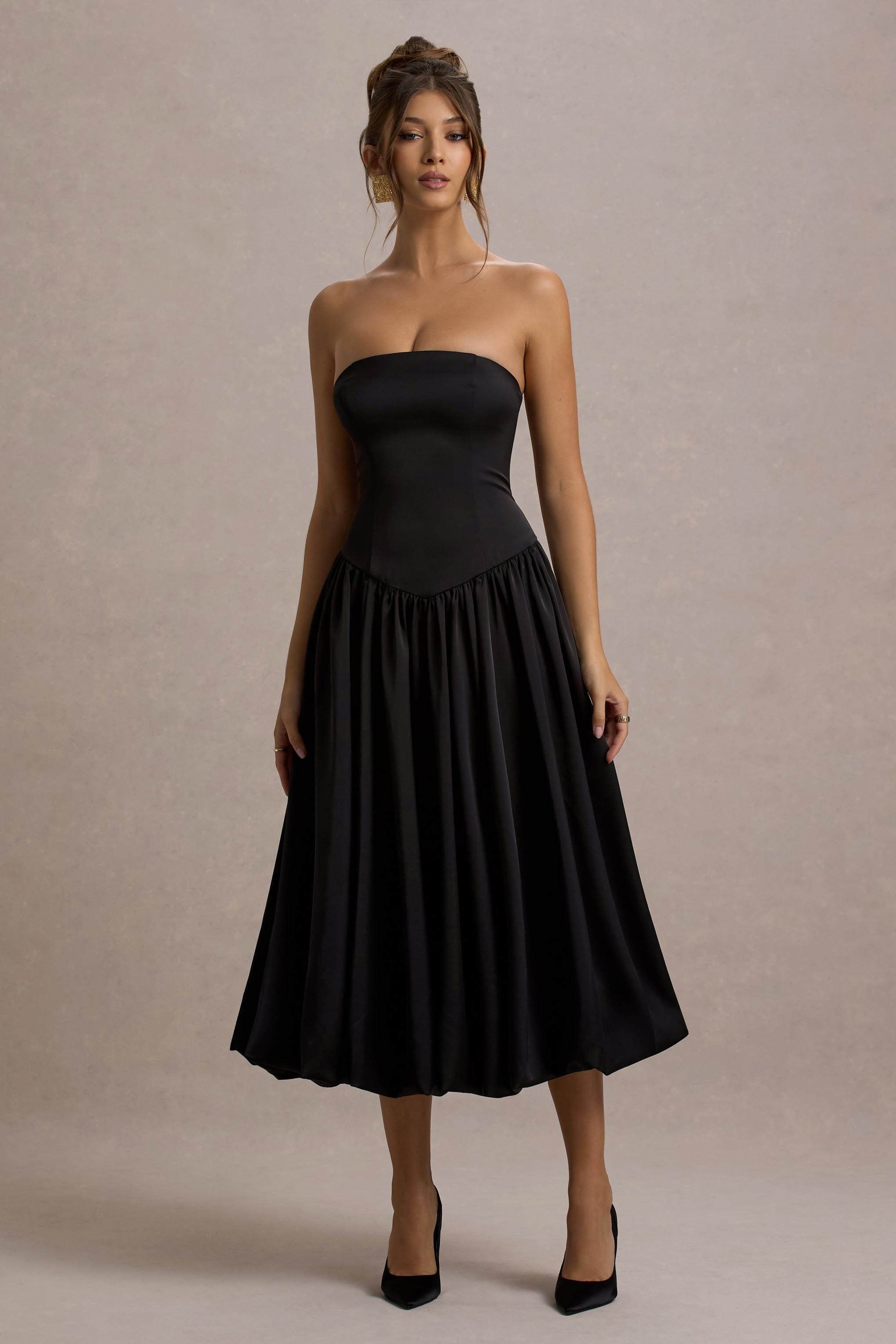 Keyton | Siyah Saten Bandeau Midi Elbise