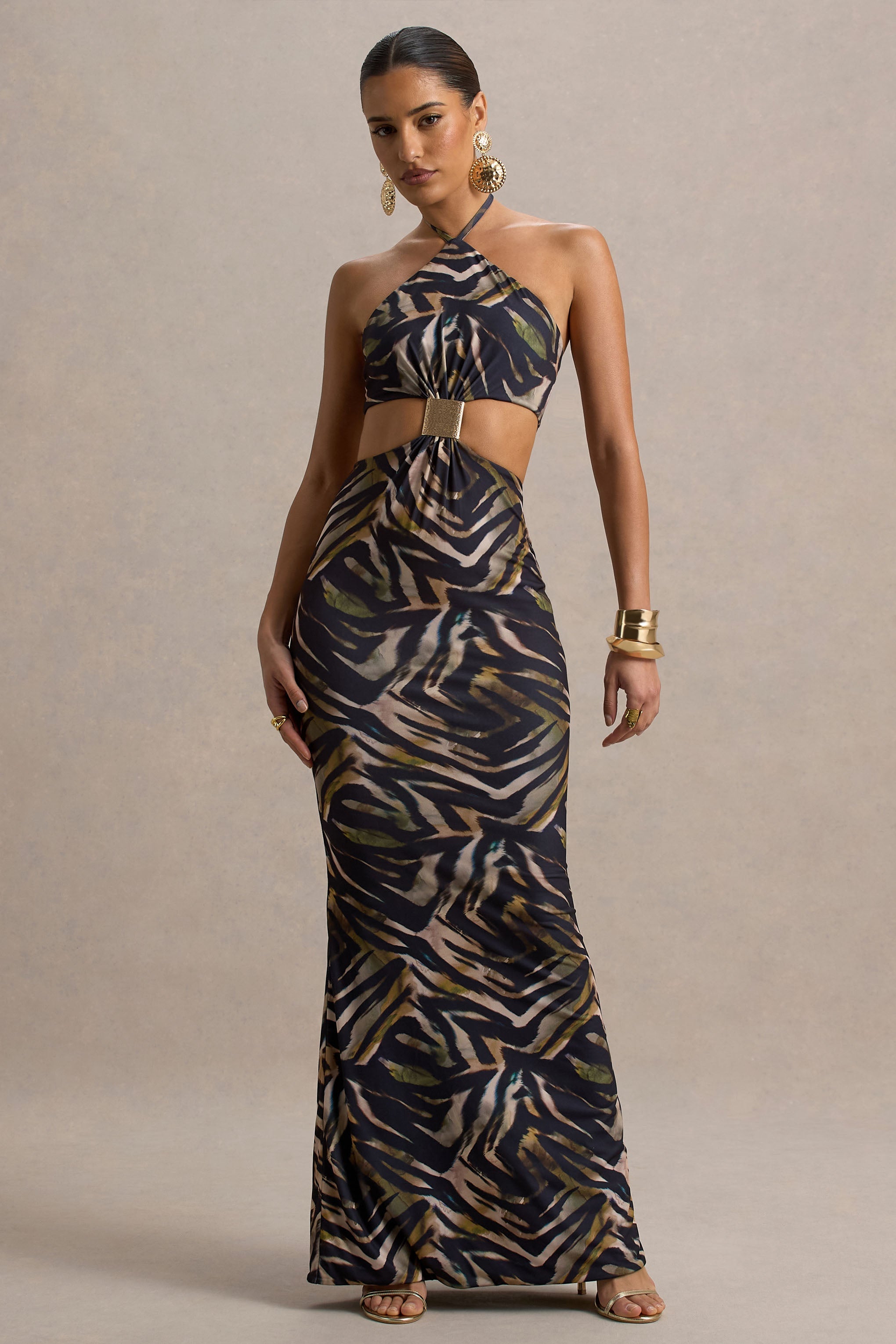 Olina | Zebra Desenli Halter Yaka Kesik Maxi Elbise