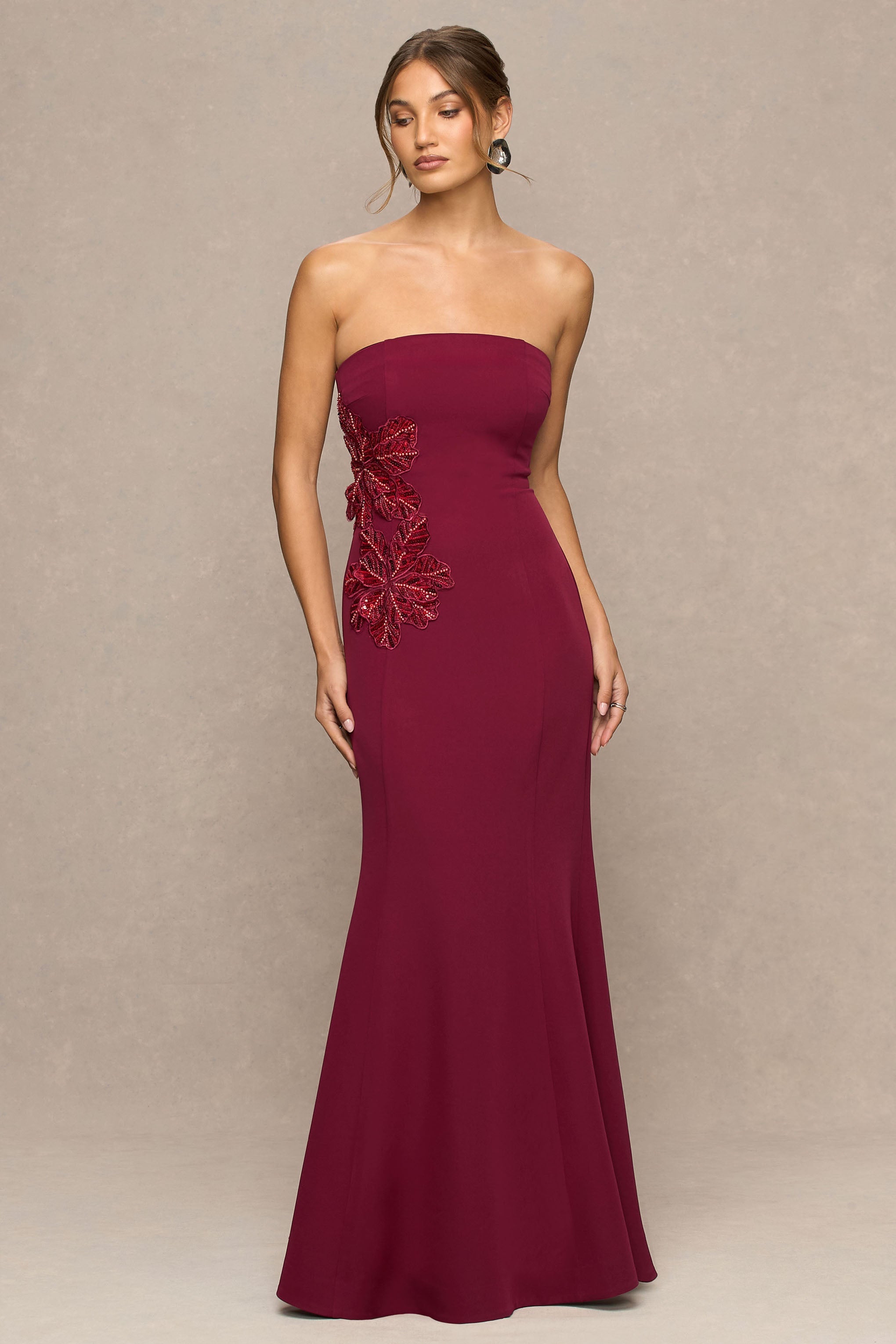 Aylana | Bordo Bandeau Maxi Elbise Süsleme Detayı ile