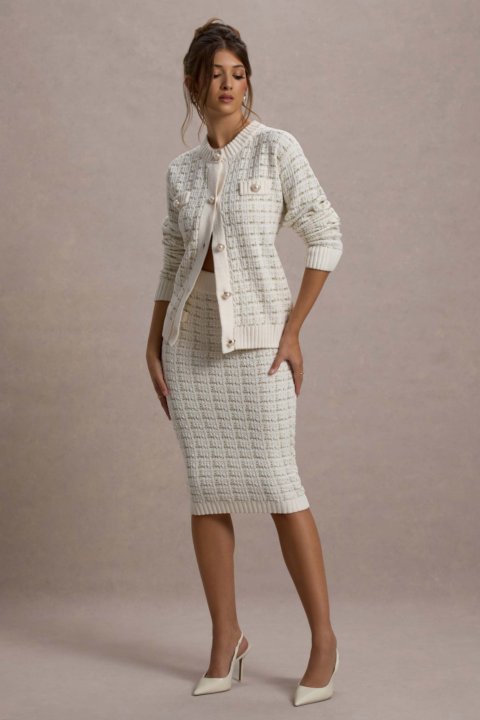 Stellina | Krem Boucle Yüksek Bel Bodycon Midi Etek