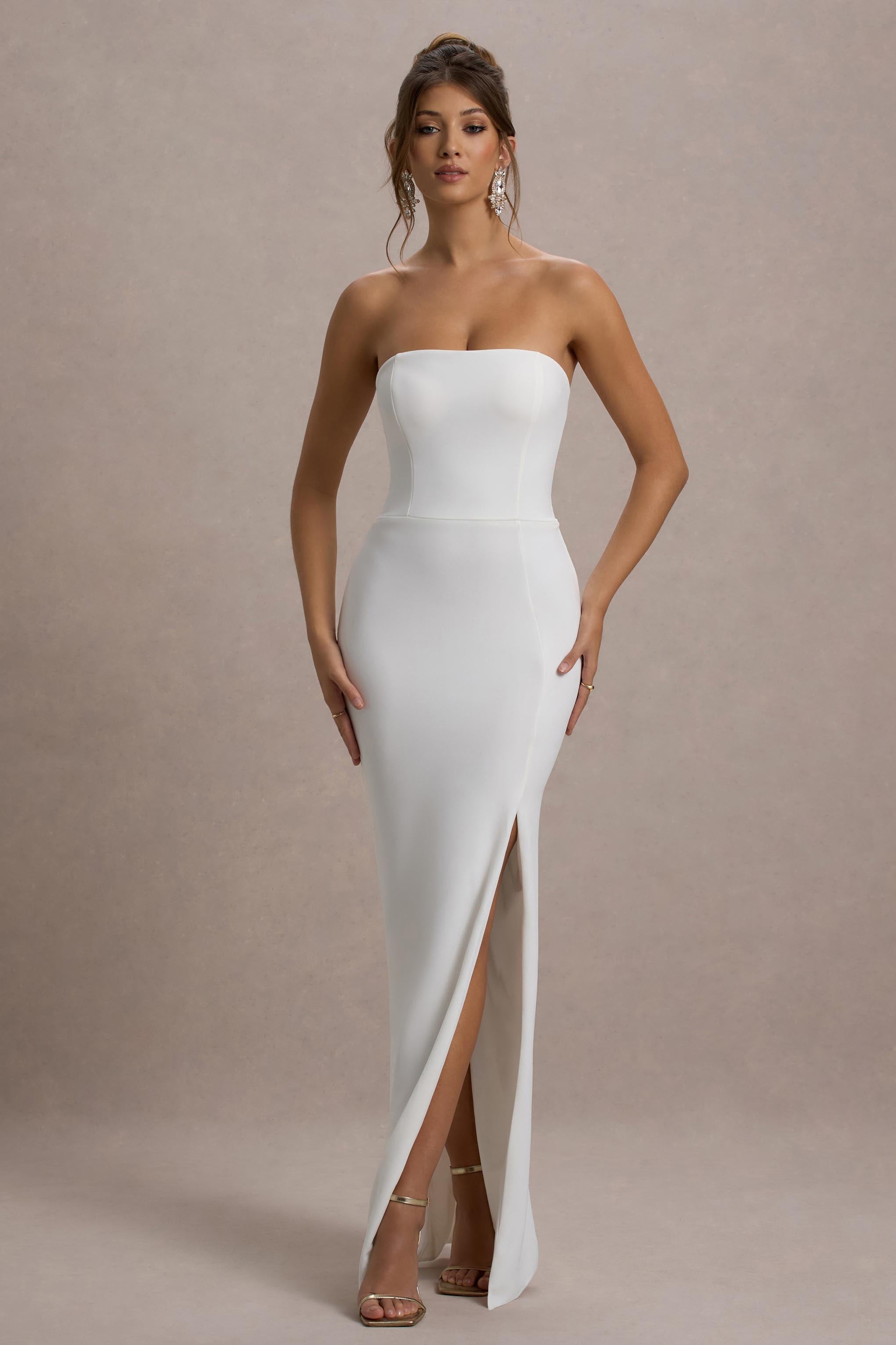 Balodaki Güzel | Yırtmaçlı Beyaz Bandeau Maxi Elbise