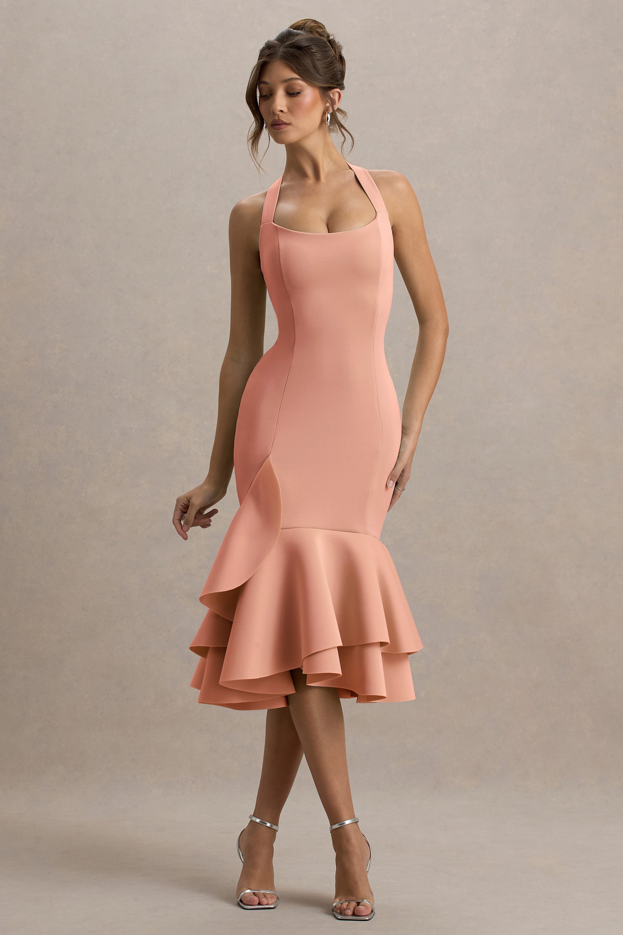 Arla | Pembe Halter Yaka Volanlı Midi Elbise