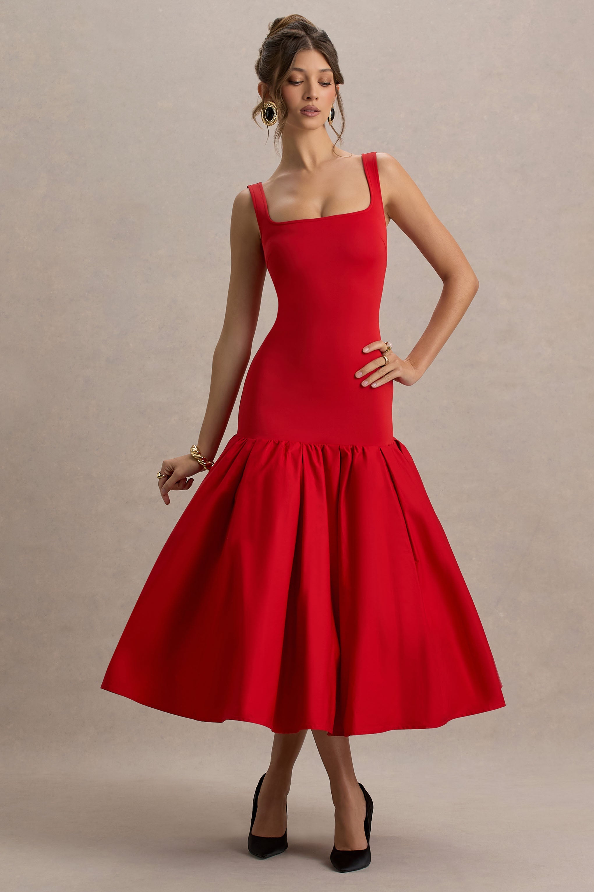 Parida | Peplum Etekli Kırmızı Poplin Midi Elbise