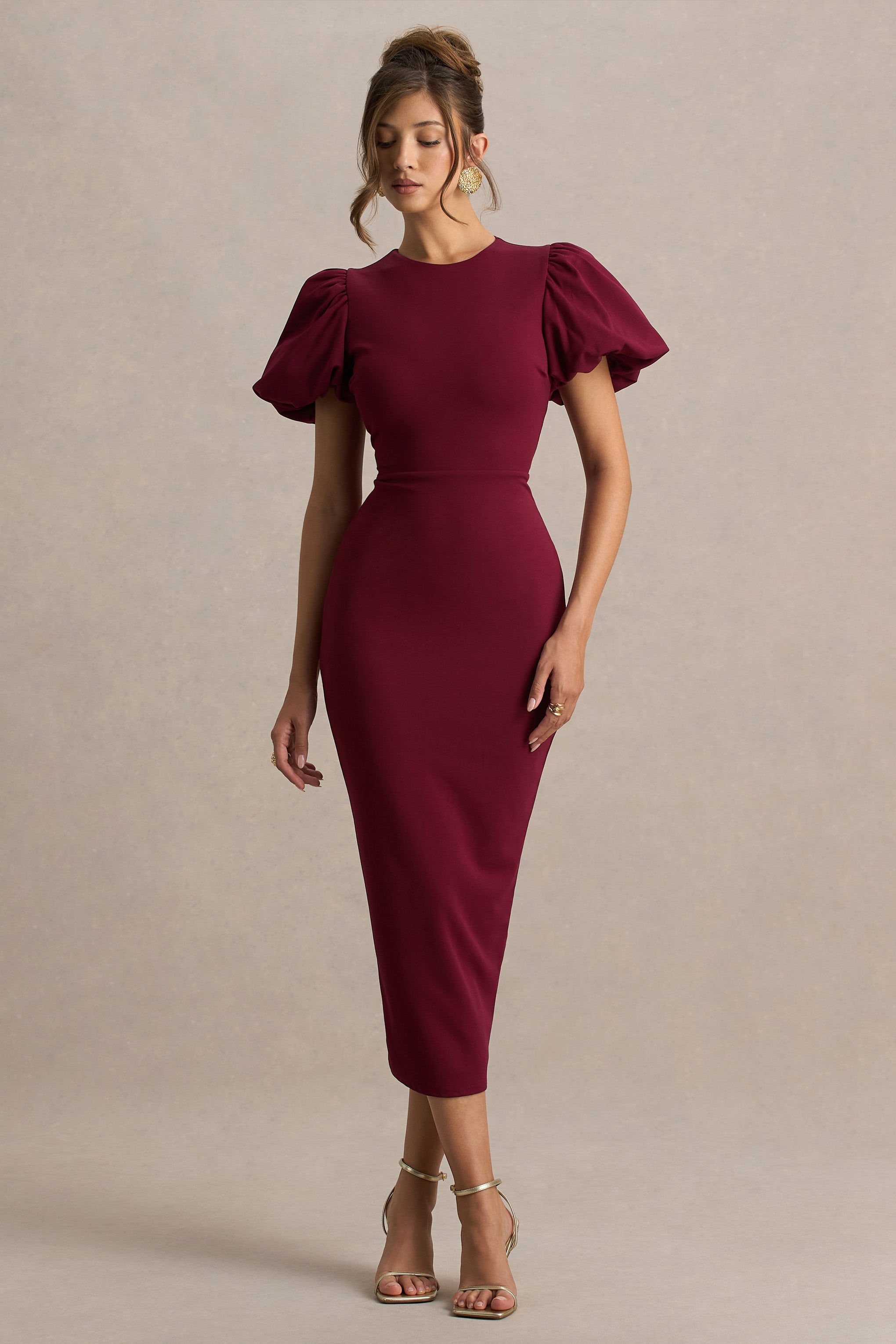 Dakota | Bordo Puff-Sleeve Midi Elbise
