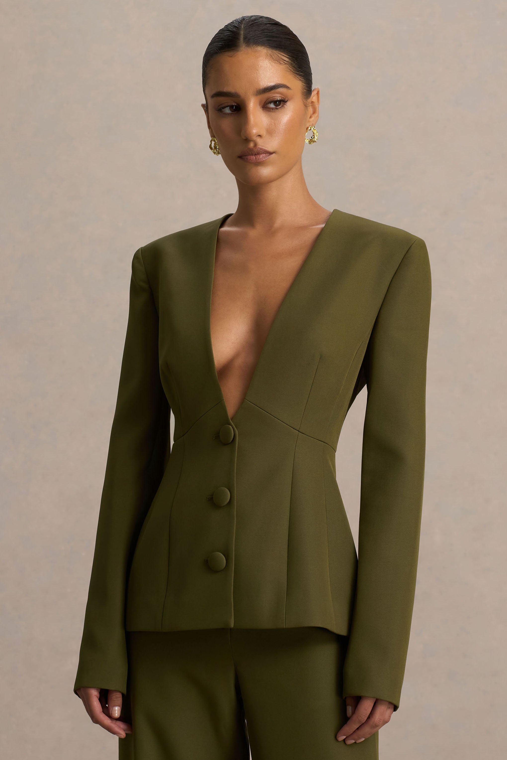 Rosalina | Zeytin Rengi Aşırı Derin Yaka Kesim Blazer