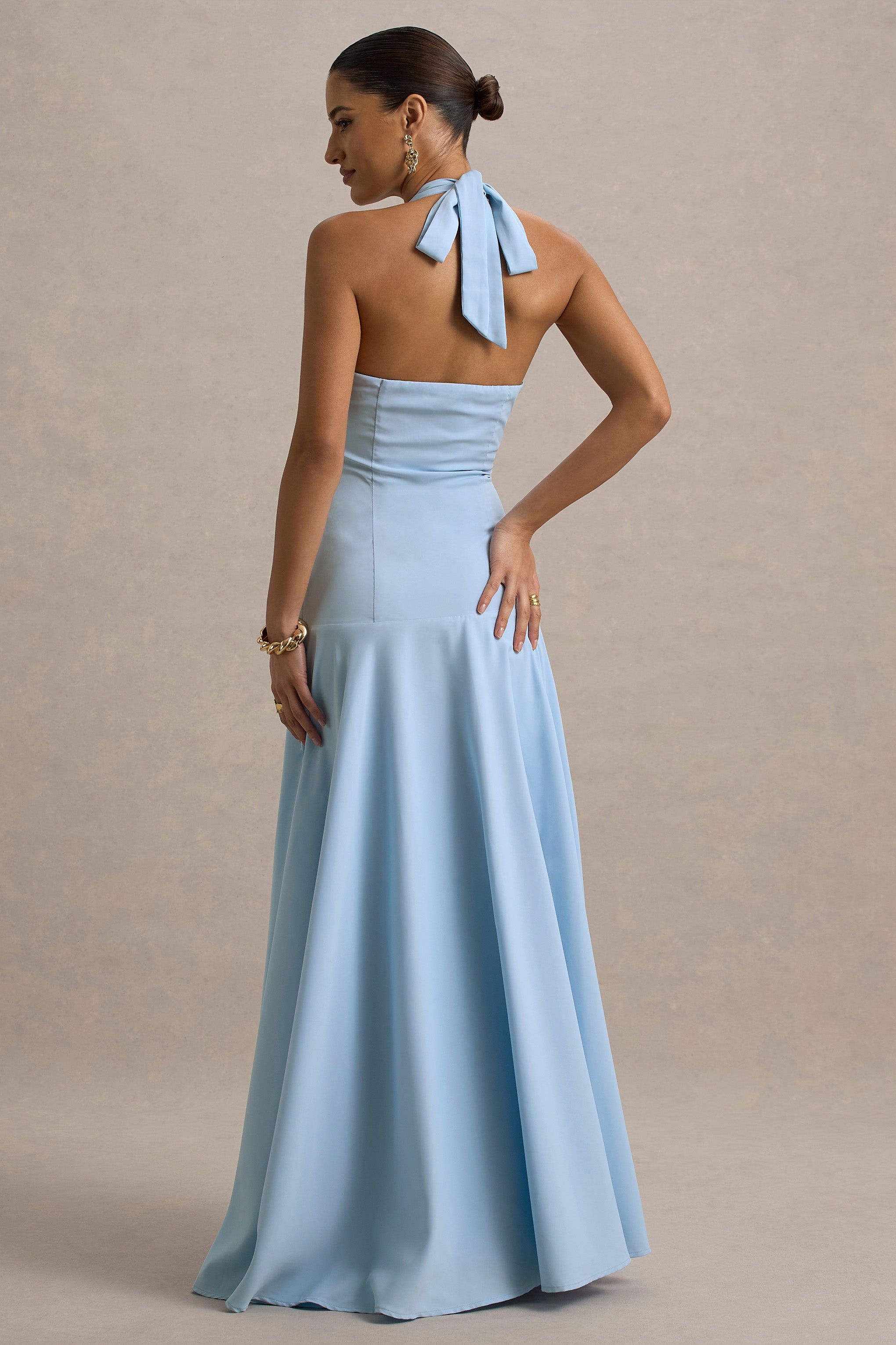 Ginevra | Pudra Mavi Halter Yaka Maxi Elbise