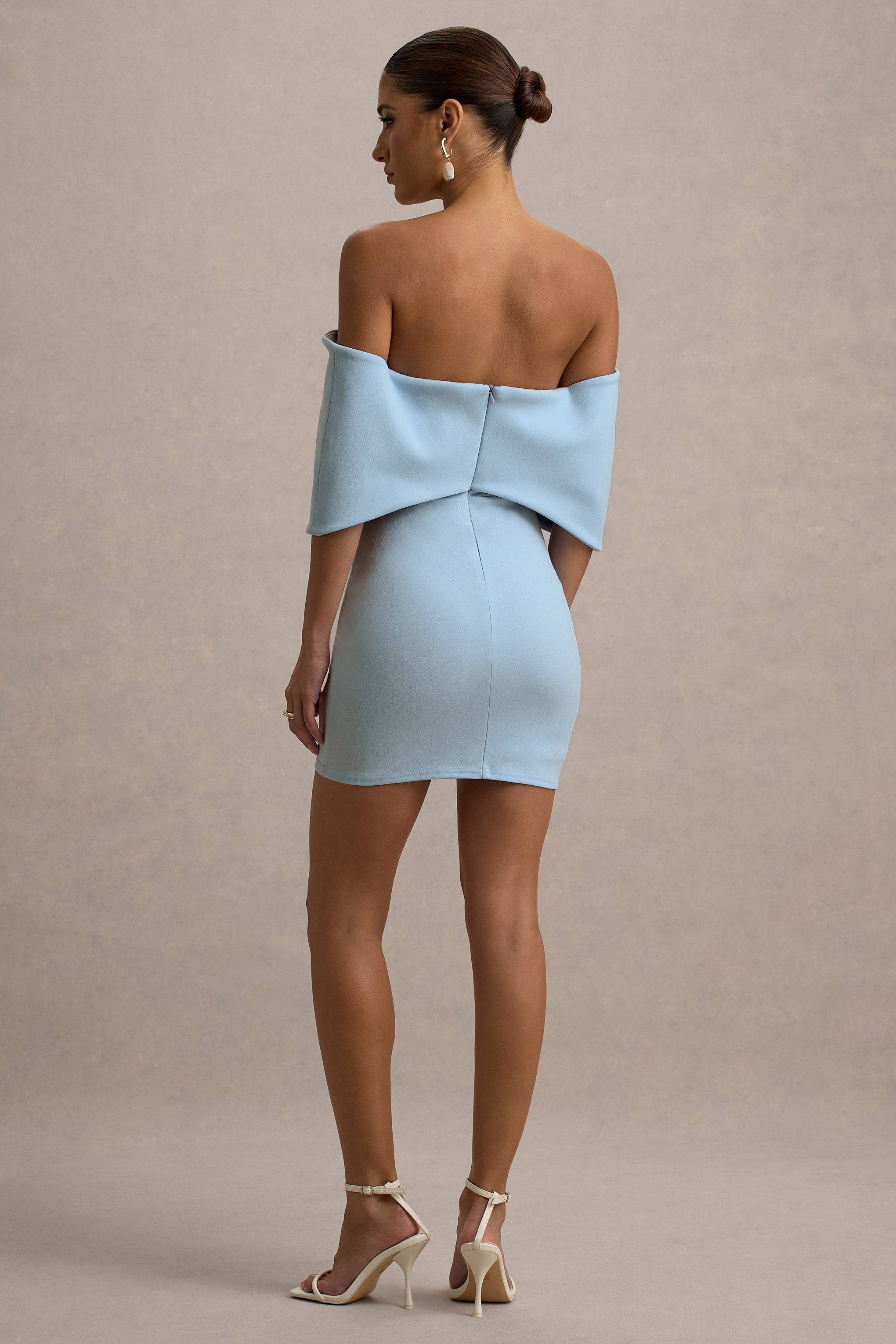 Sadie | Pudra Mavi Kemerli Bardot Mini Elbise