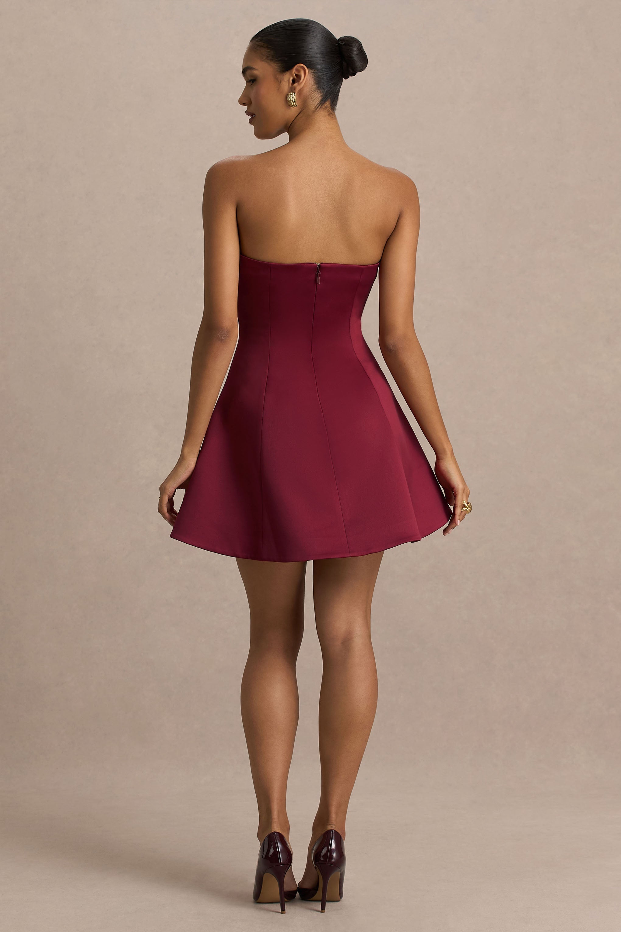 Lioray | Bordo Saten Bandeau Yaka A-Line Mini Elbise