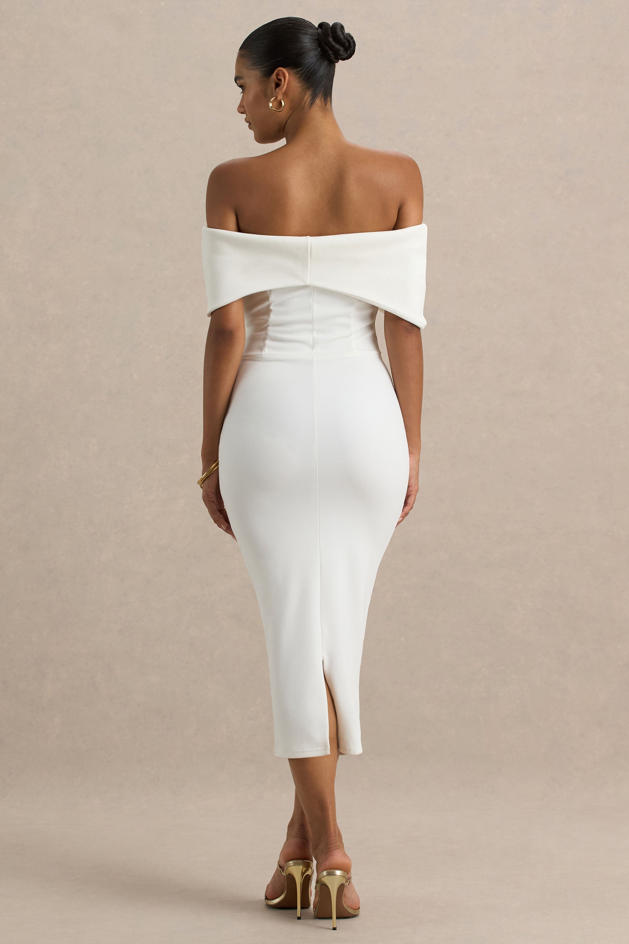 Bayshore | Beyaz Kemerli Bardot Midi Elbise