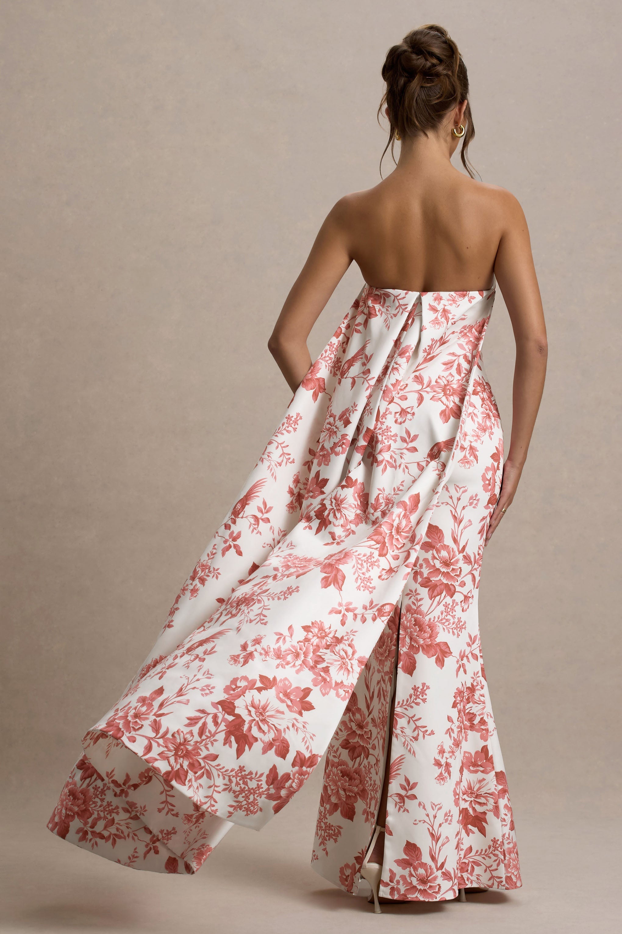 Lywenn | Pembe Porselen Desenli Bandeau Maxi Elbise Pelerin ile