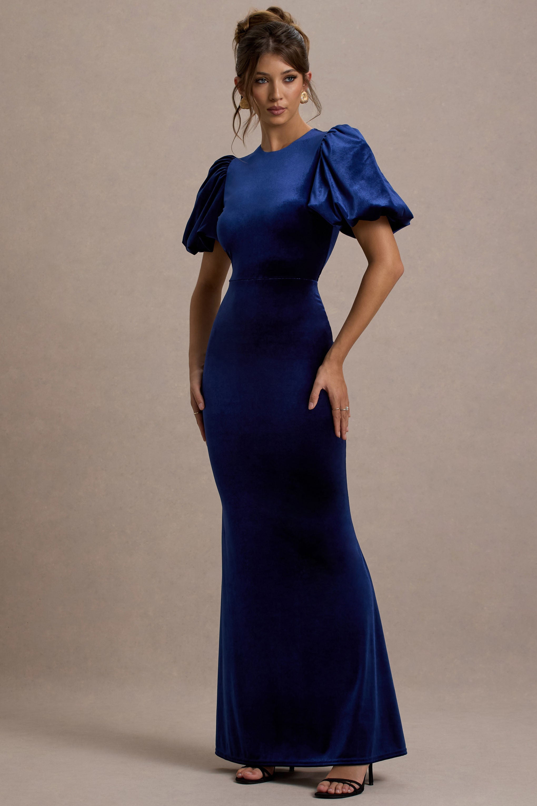 Ashlin | Lacivert Kadife Puff-Sleeve Maxi Elbise