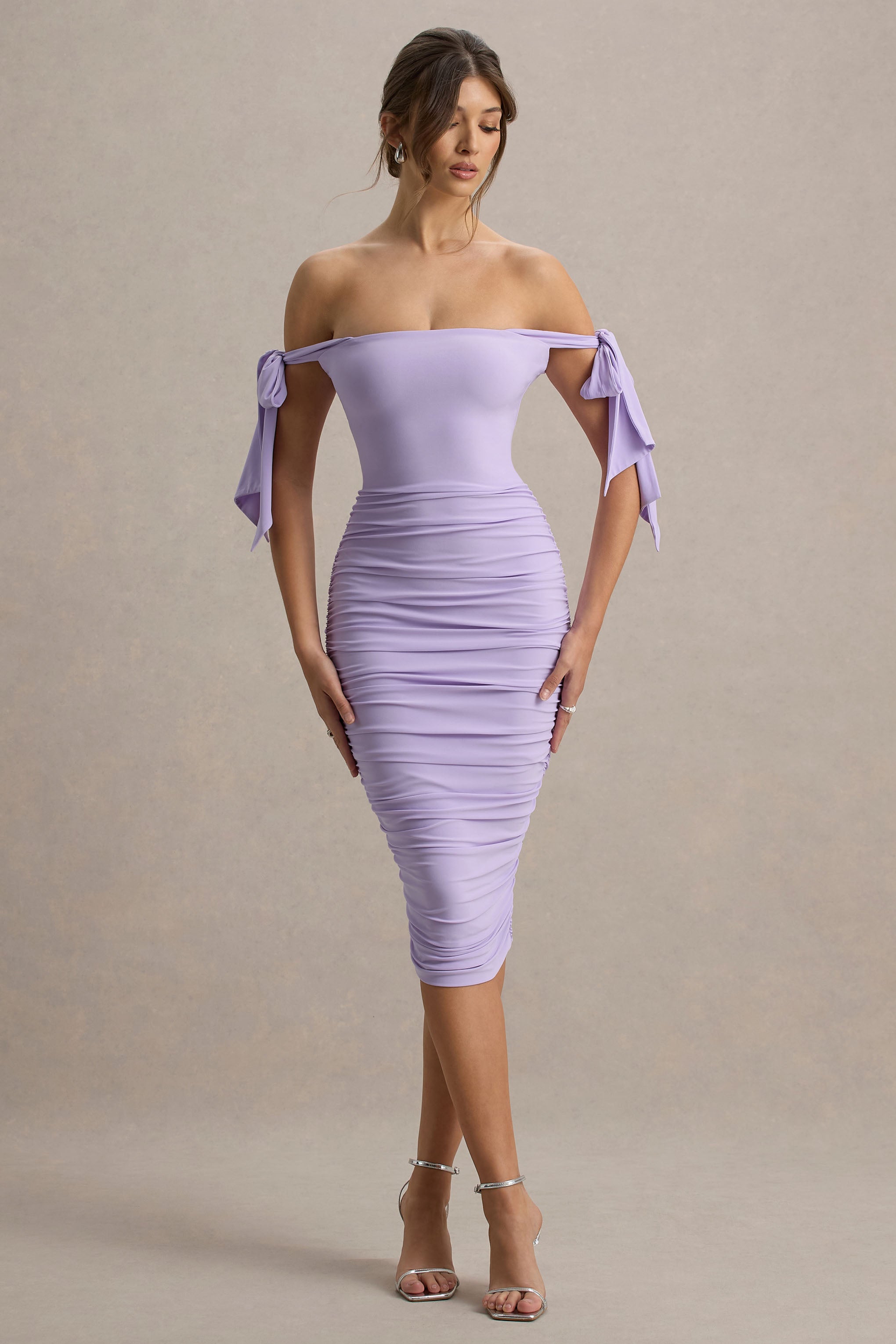 Sitrus | Fiyonk Kollu Lilac Bardot Bodycon Midi Elbise