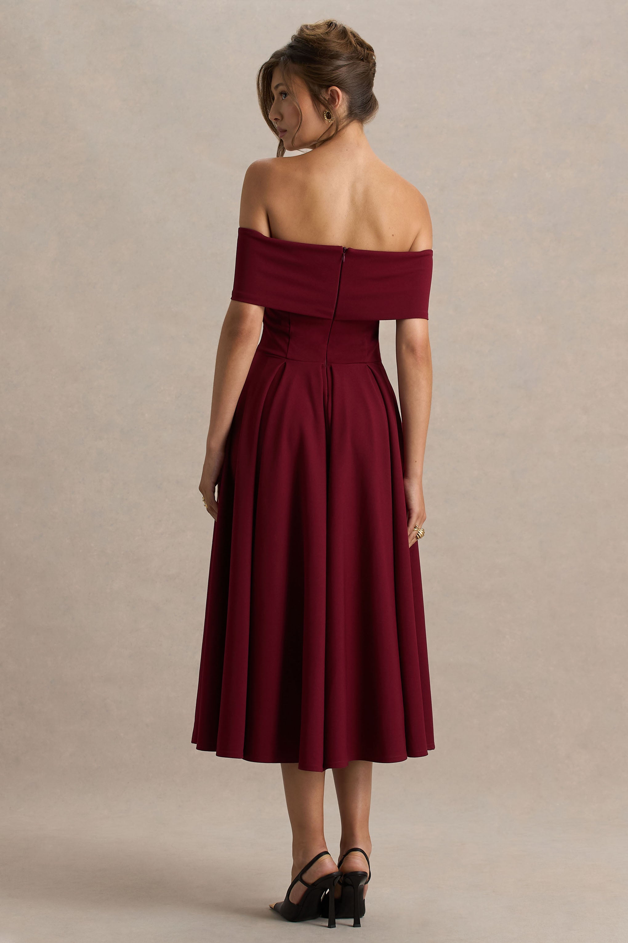 Isabella | Bordo Bardot Yaka Midi Elbise