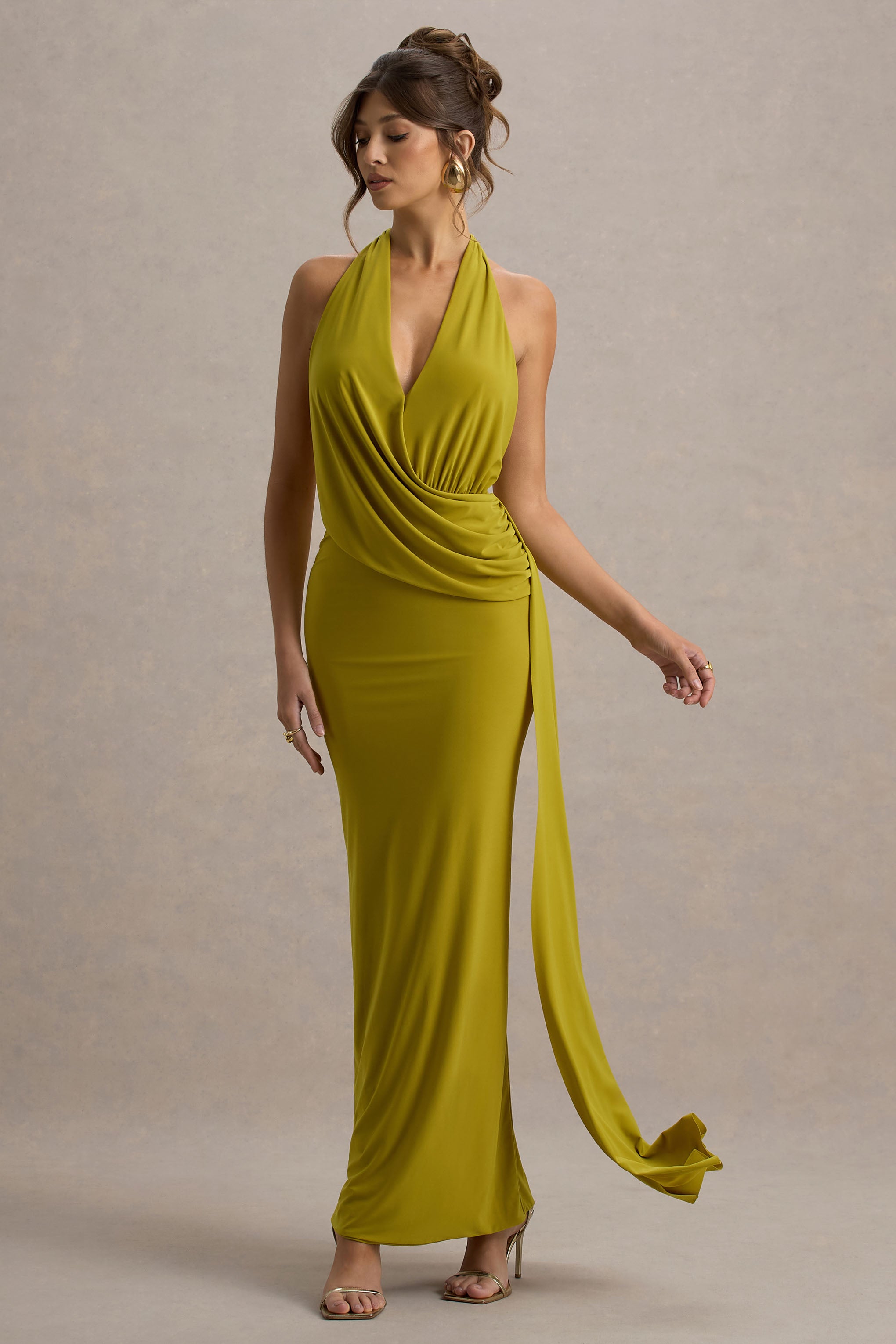 Rosina | Yeşil Halter Yaka Drapeli Maxi Elbise Sash ile