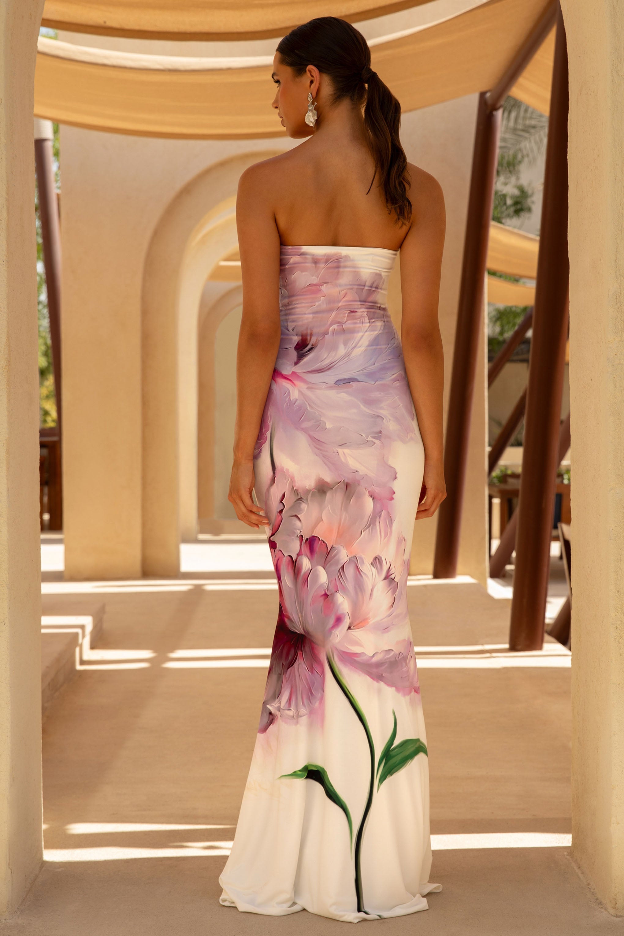 Tören | Pembe Çiçek Desenli Bandeau Fishtail Maxi Elbise