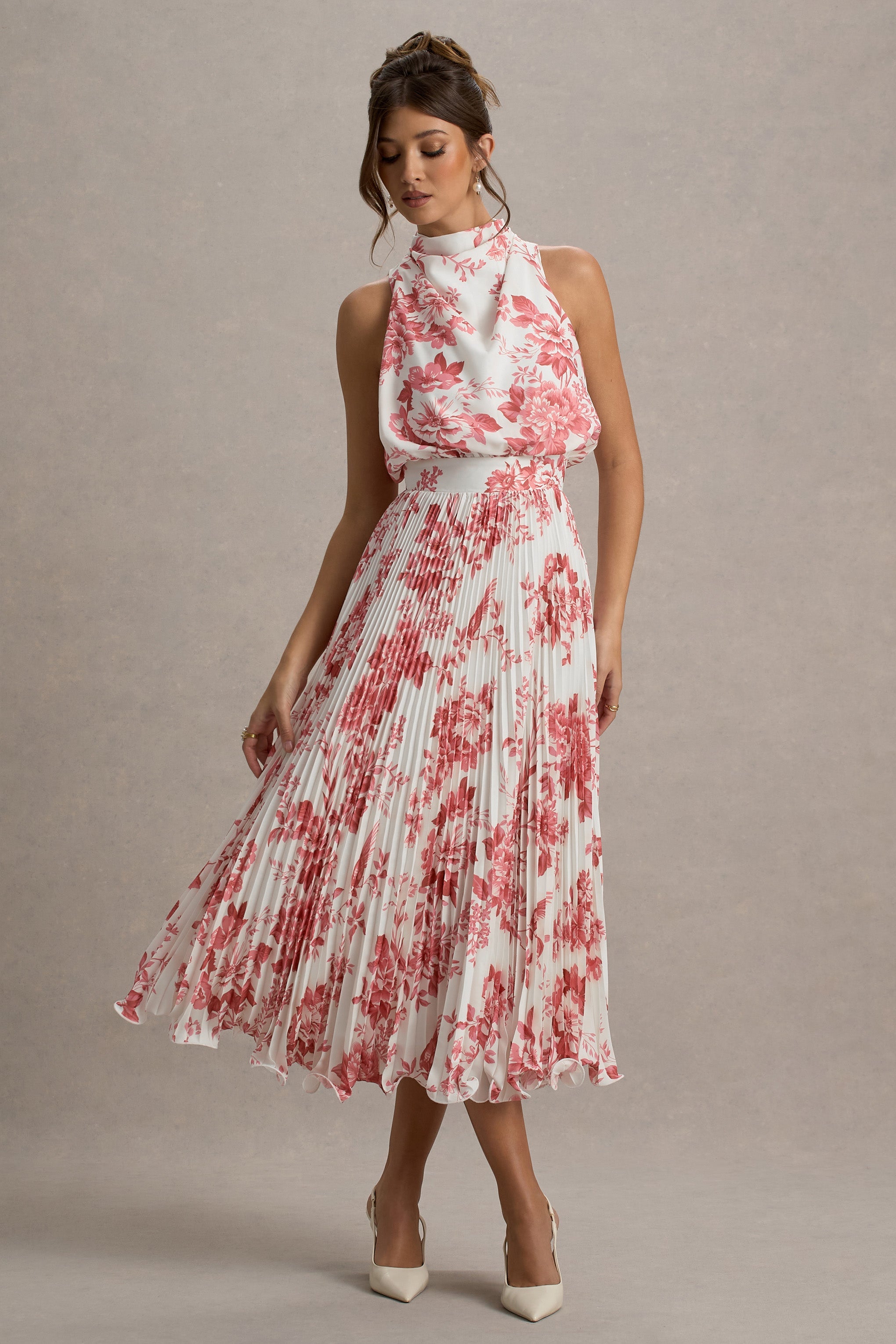 Nila | Pembe Porselen Desenli Plise Etekli Cowl-Neck Midi Elbise