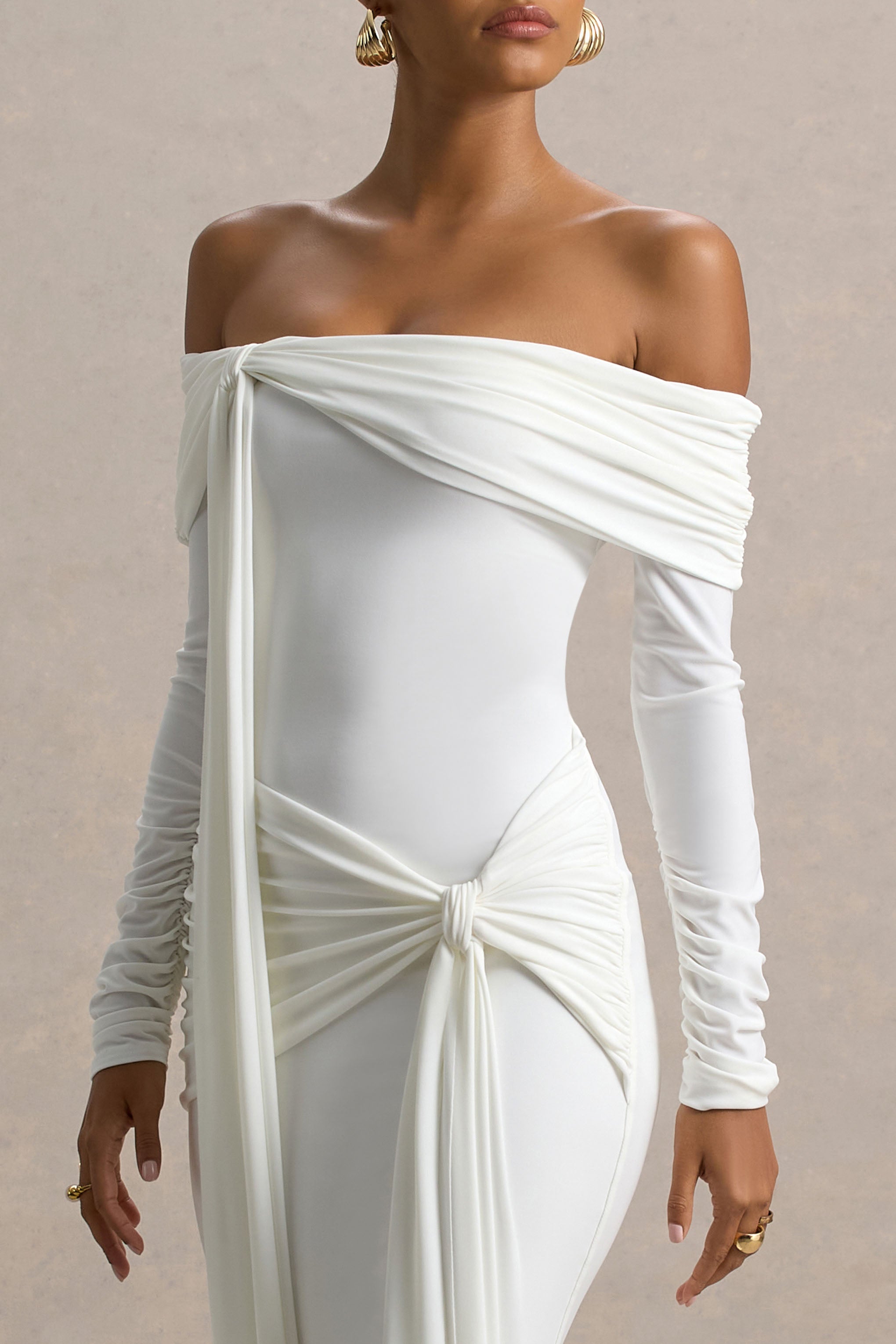 Jovie | Sash Detaylı Beyaz Bardot Maxi Elbise