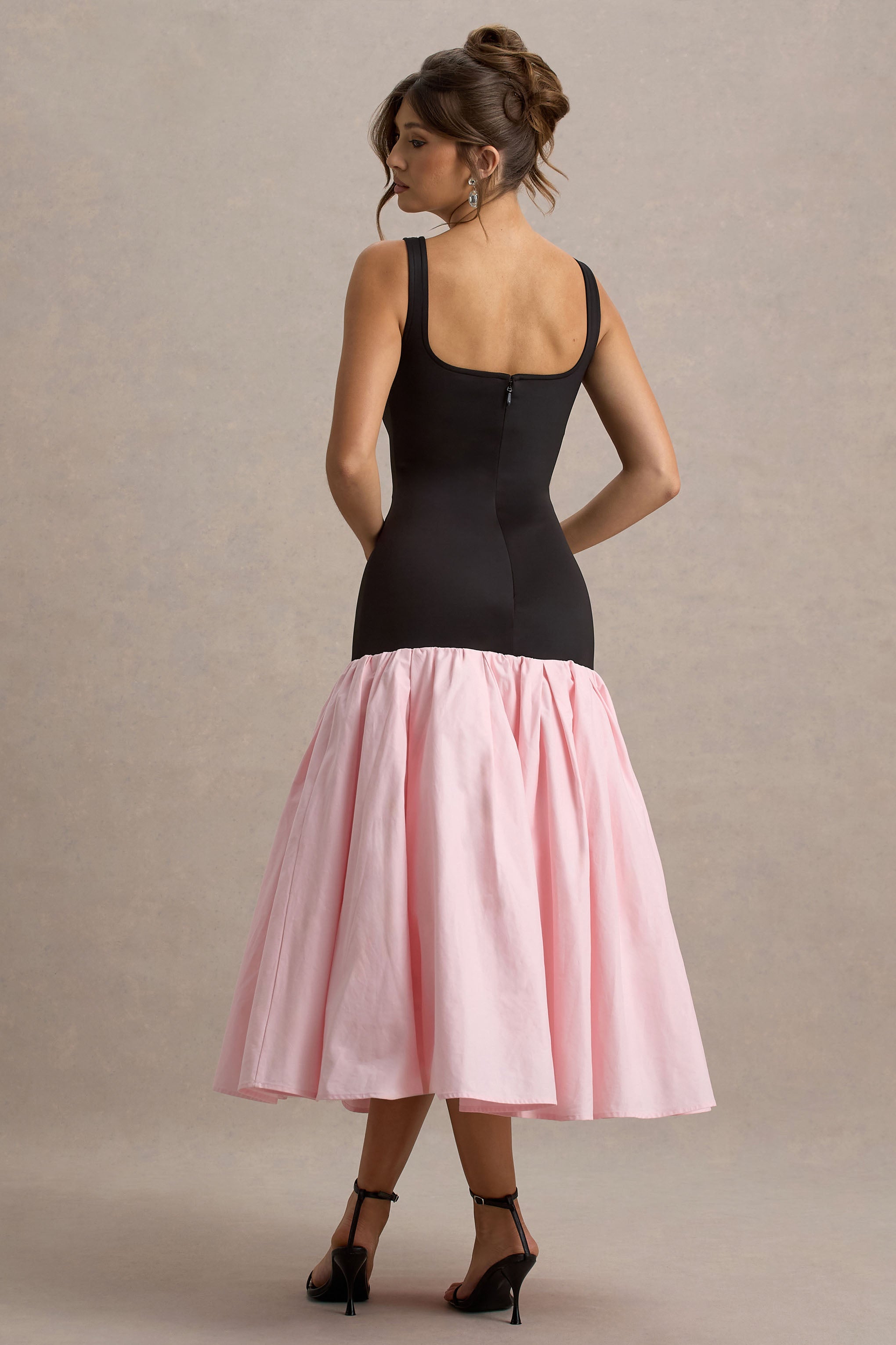 Parida | Siyah & Pembe Poplin Düşük Bel Midi Elbise Peplum Etek Ucu ile