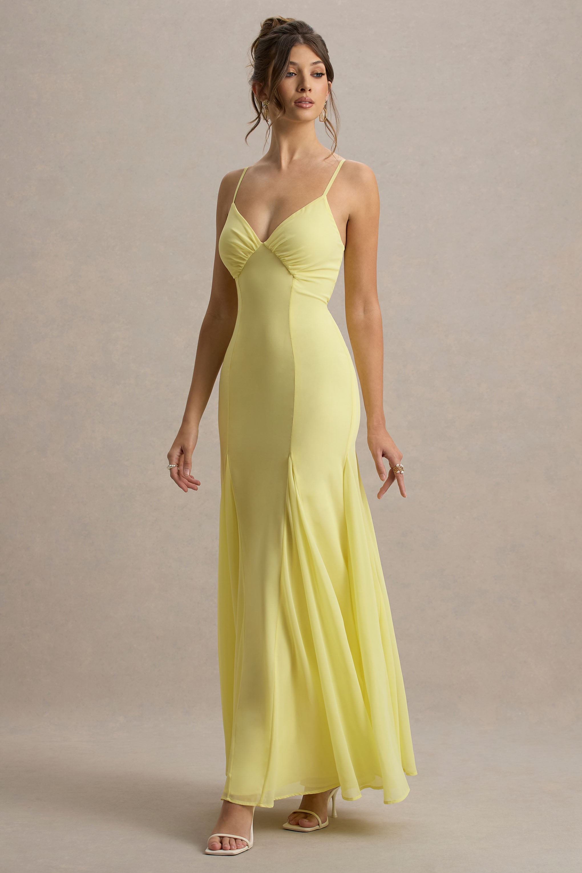 Massie | Hacimli Kenar Detaylı Limon Chiffon Askılı Maxi Elbise