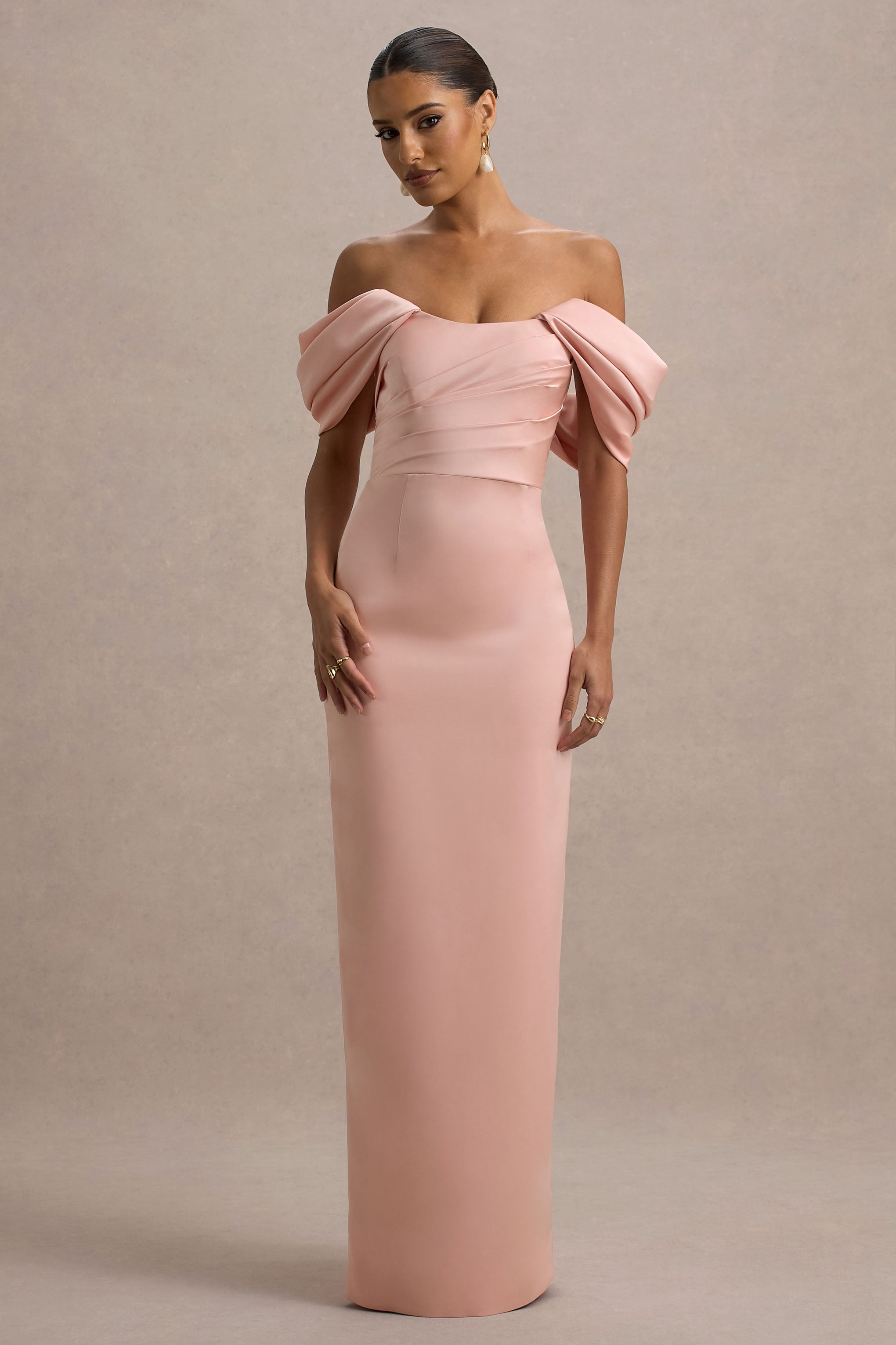 Annita | Açık Pembe Saten Bardot Maxi Elbise