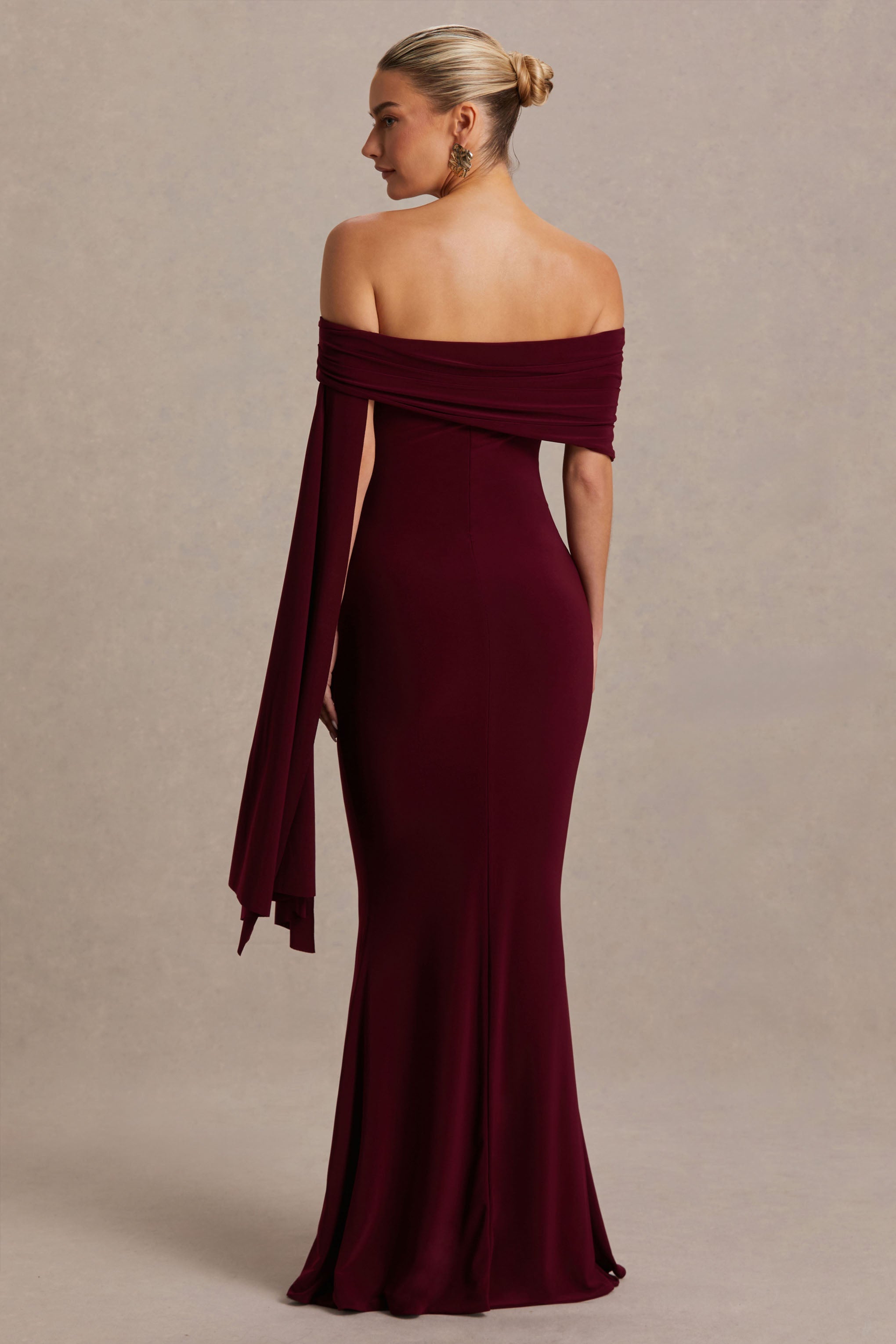 Aquila | Bordo Bardot Hamile Maxi Elbise Drape Kol ile