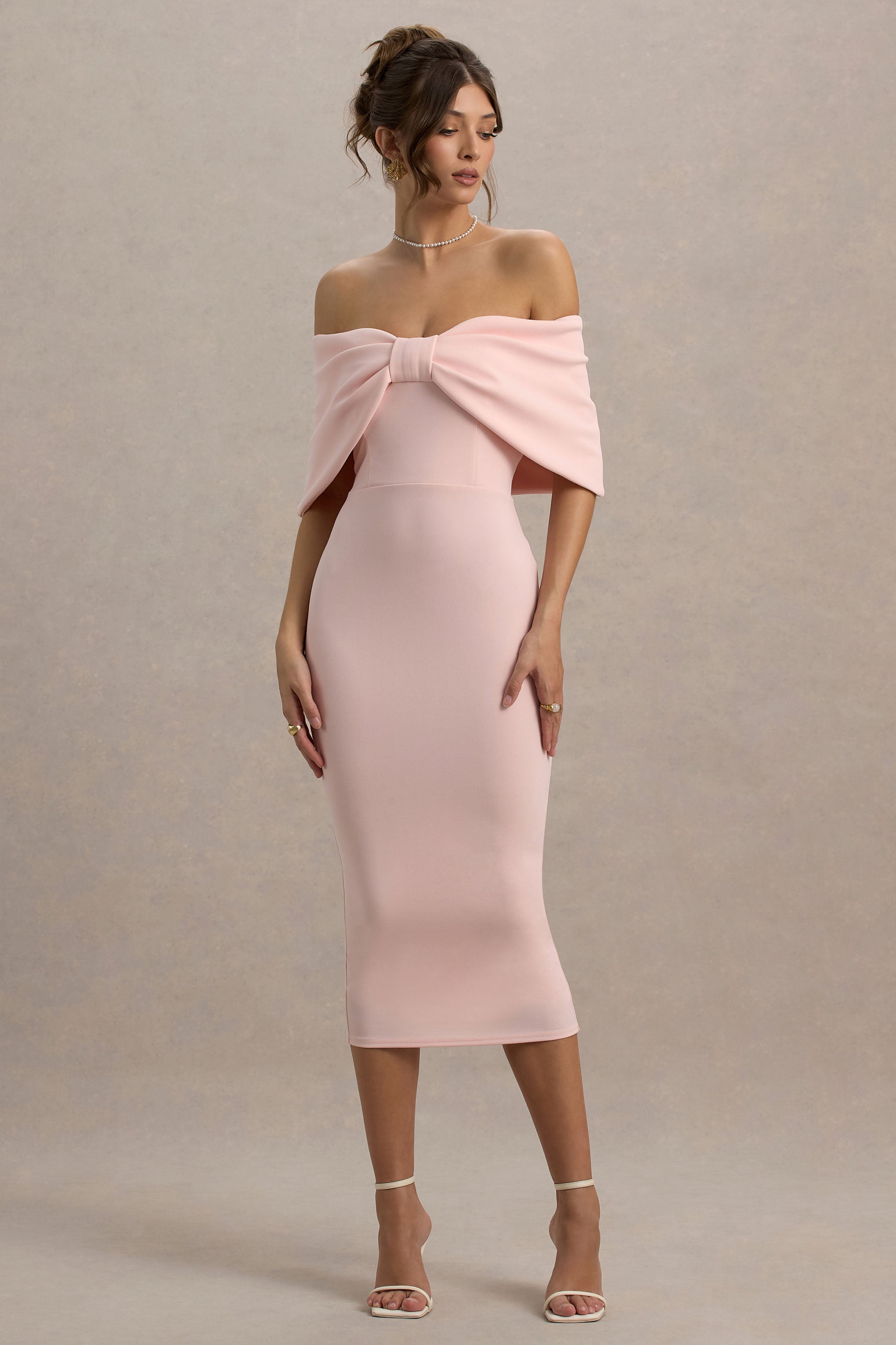 Bayshore | Pembe Kemerli Bardot Midi Elbise