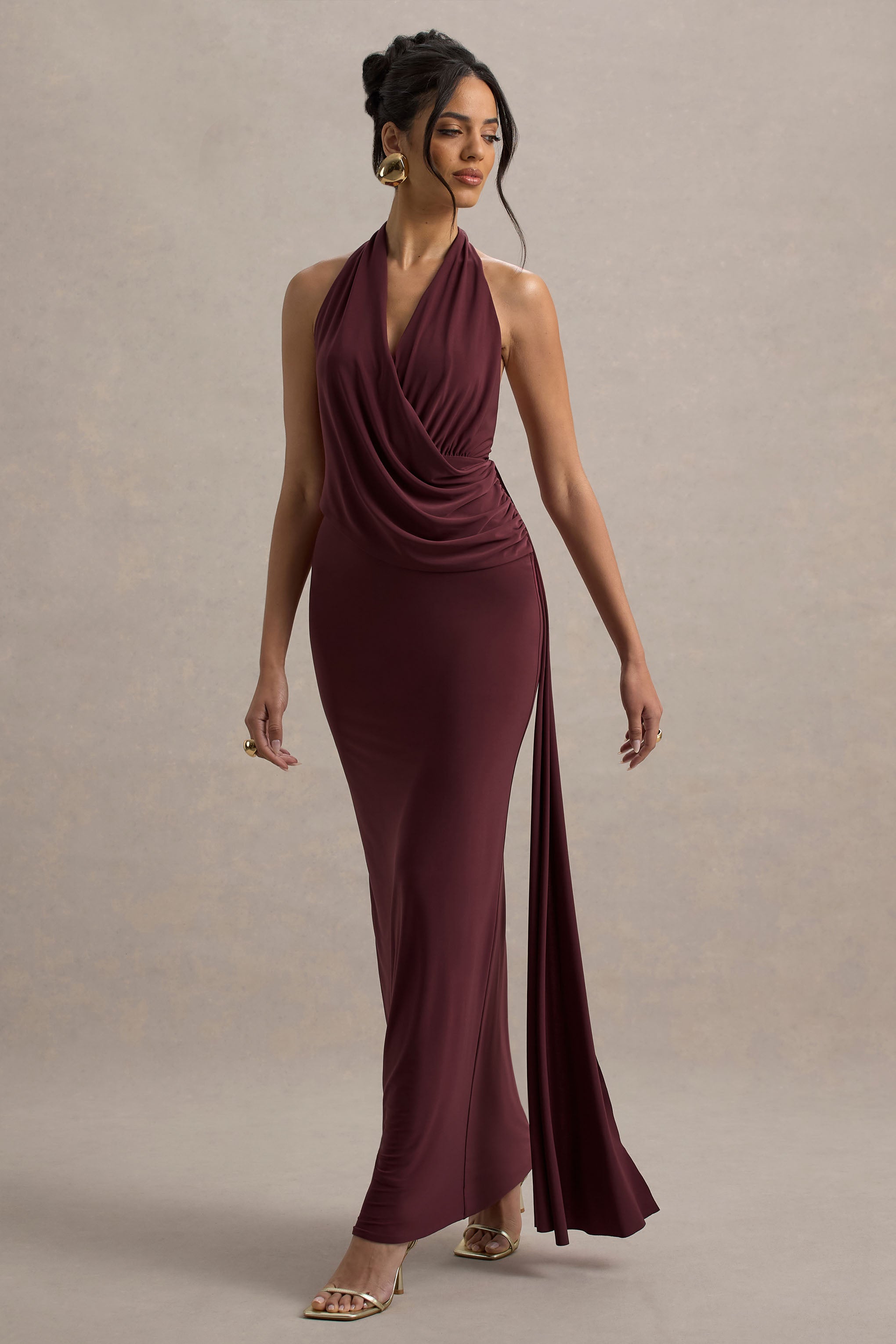 Rosina | Bordo Halter Yaka Drapeli Maxi Elbise Kemer ile
