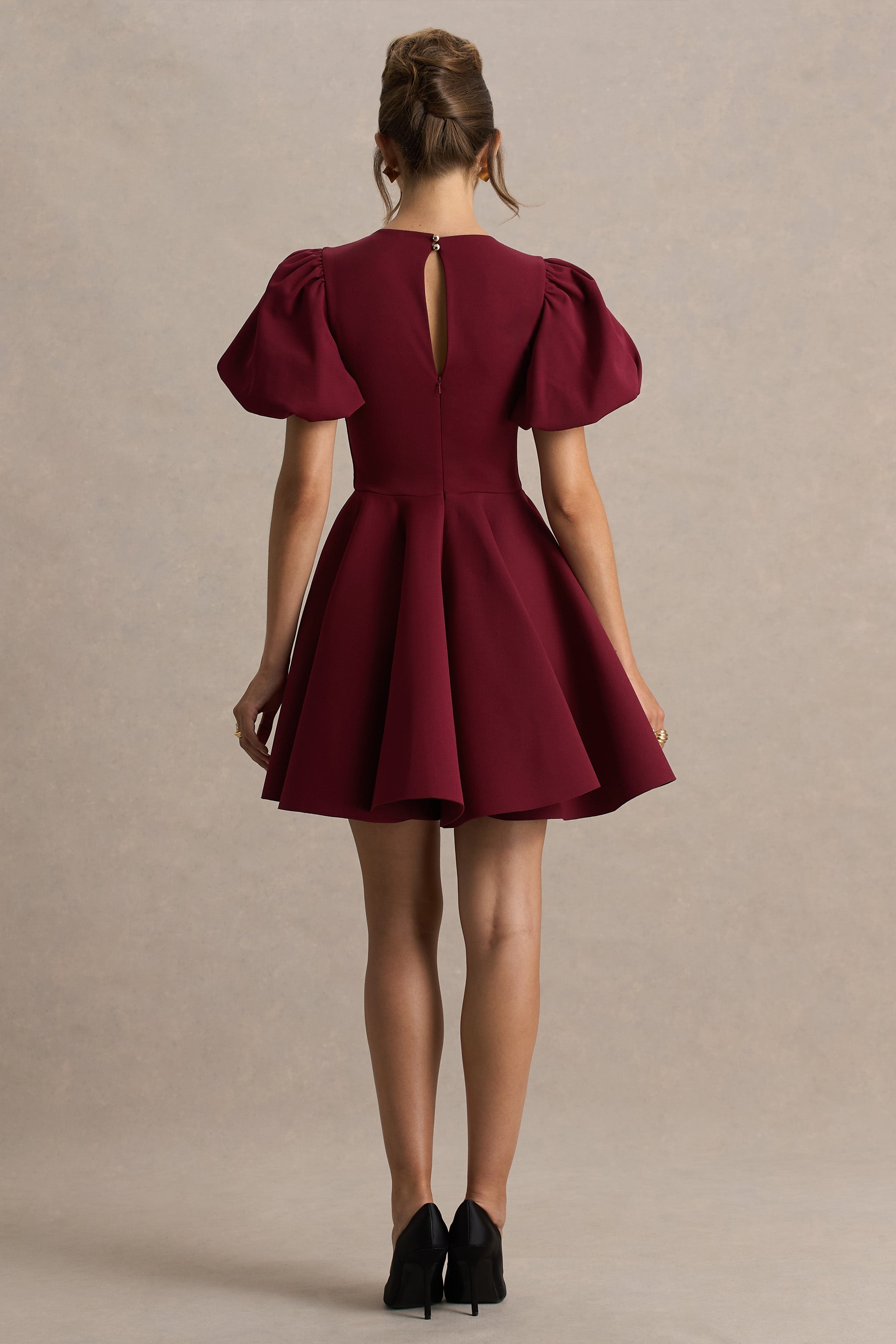 Emelia | Bordo Puff-Sleeve Skater Mini Elbise