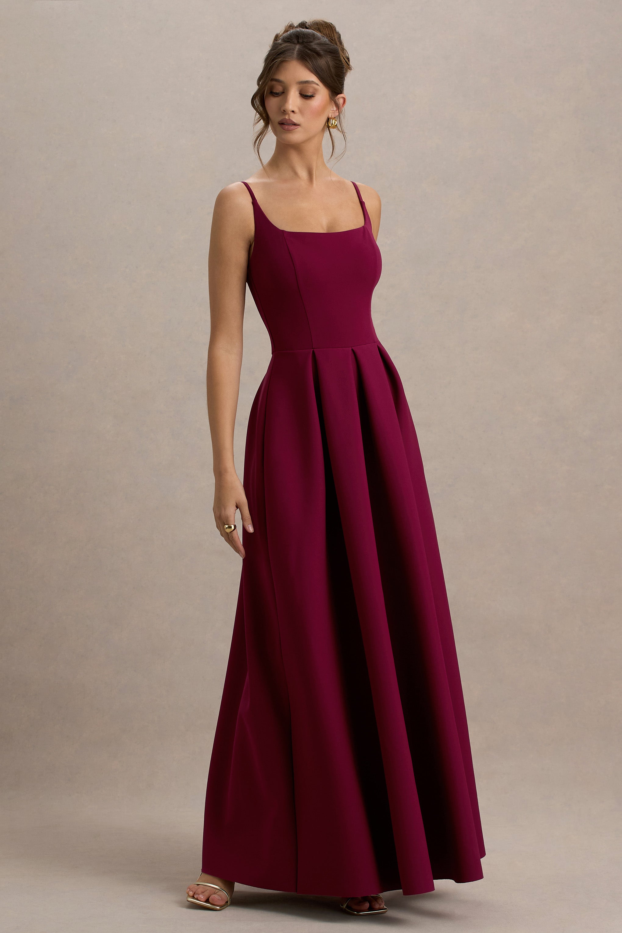 Bambina | Bordo Scoop-Yaka Plise Maxi Elbise