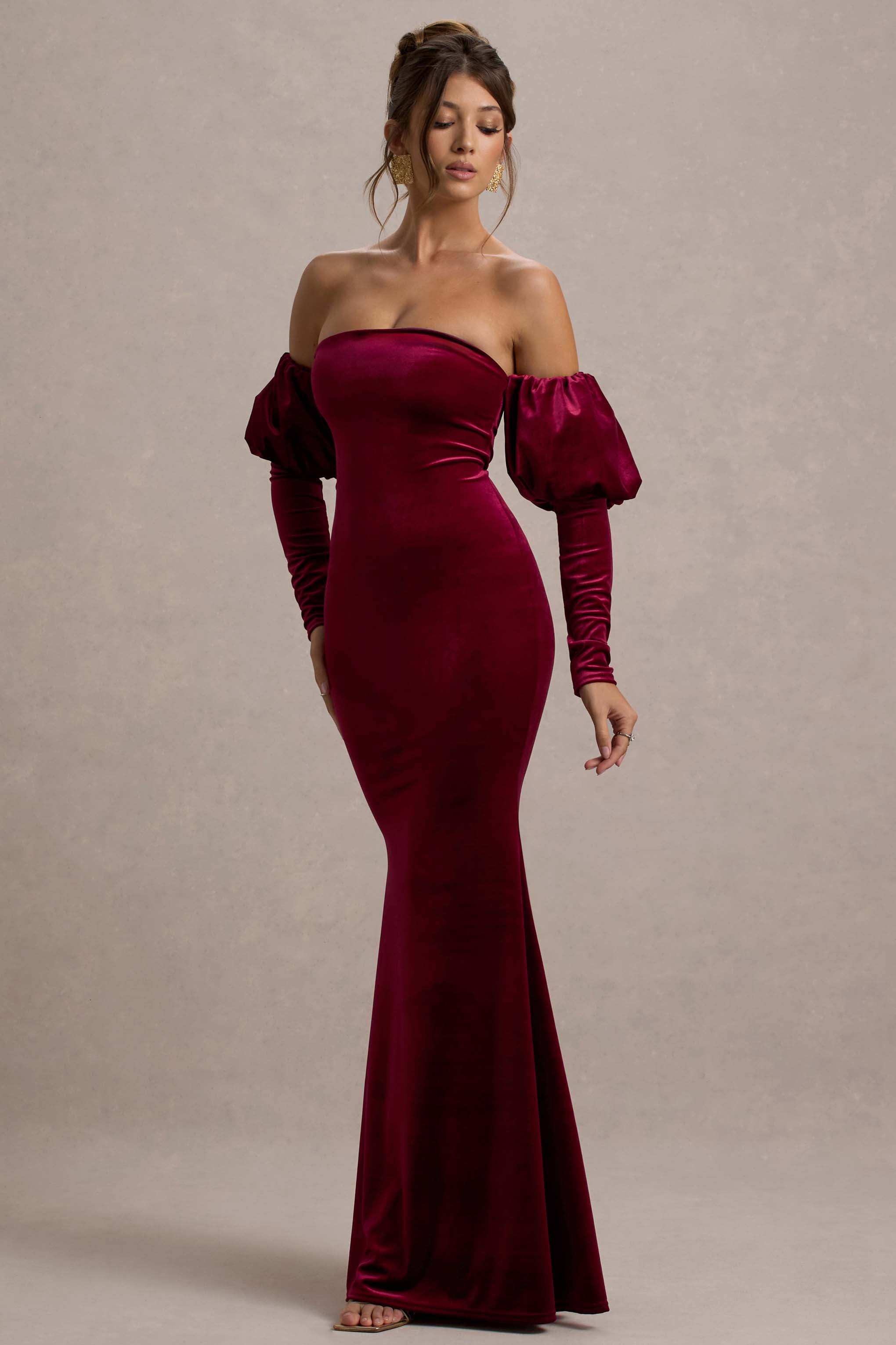 Neoma | Berry Kadife Bardot Puff-Sleeve Maxi Elbise