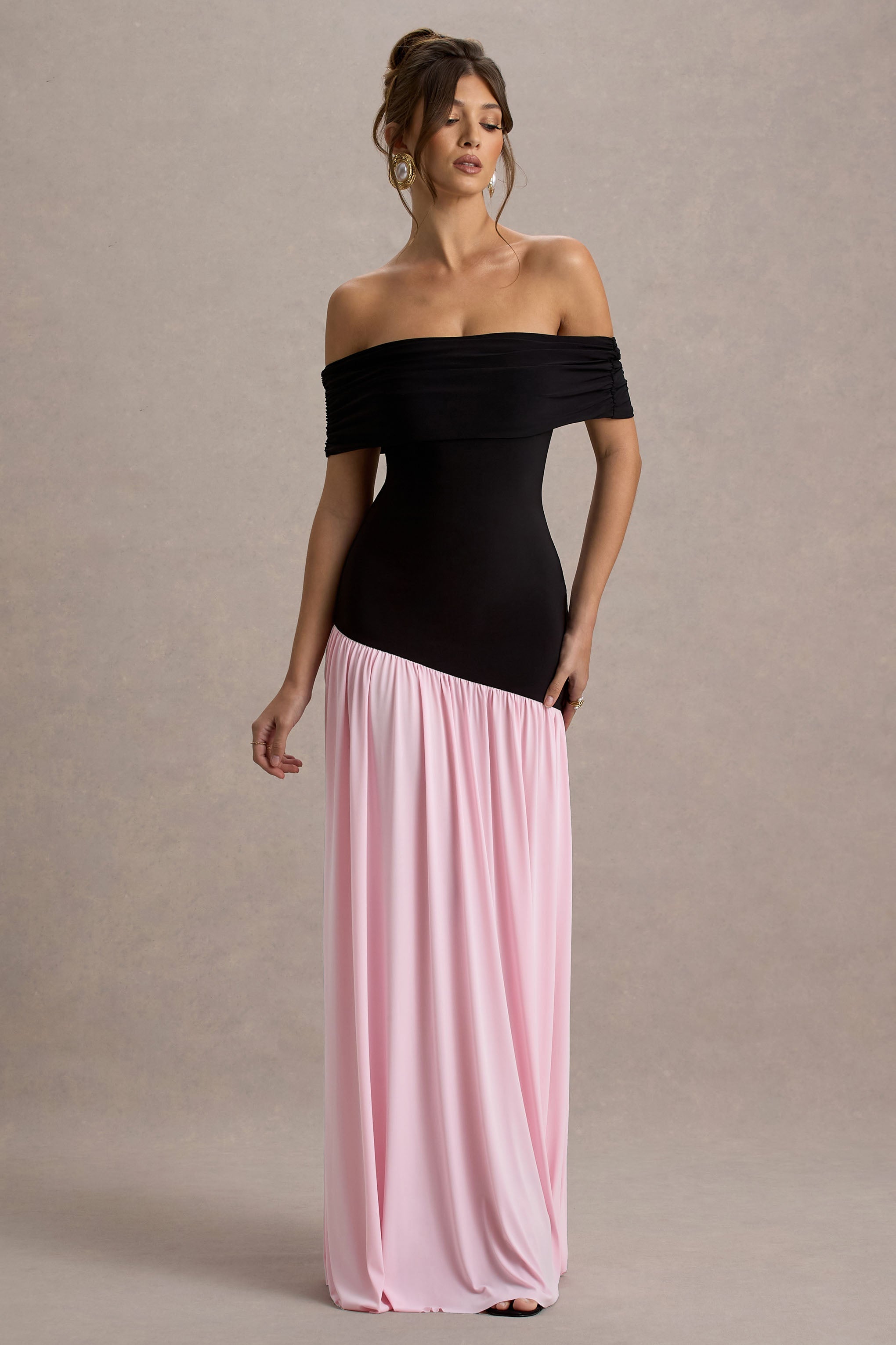Venezia | Siyah & Pembe Bardot Puff-Etek Maxi Elbise
