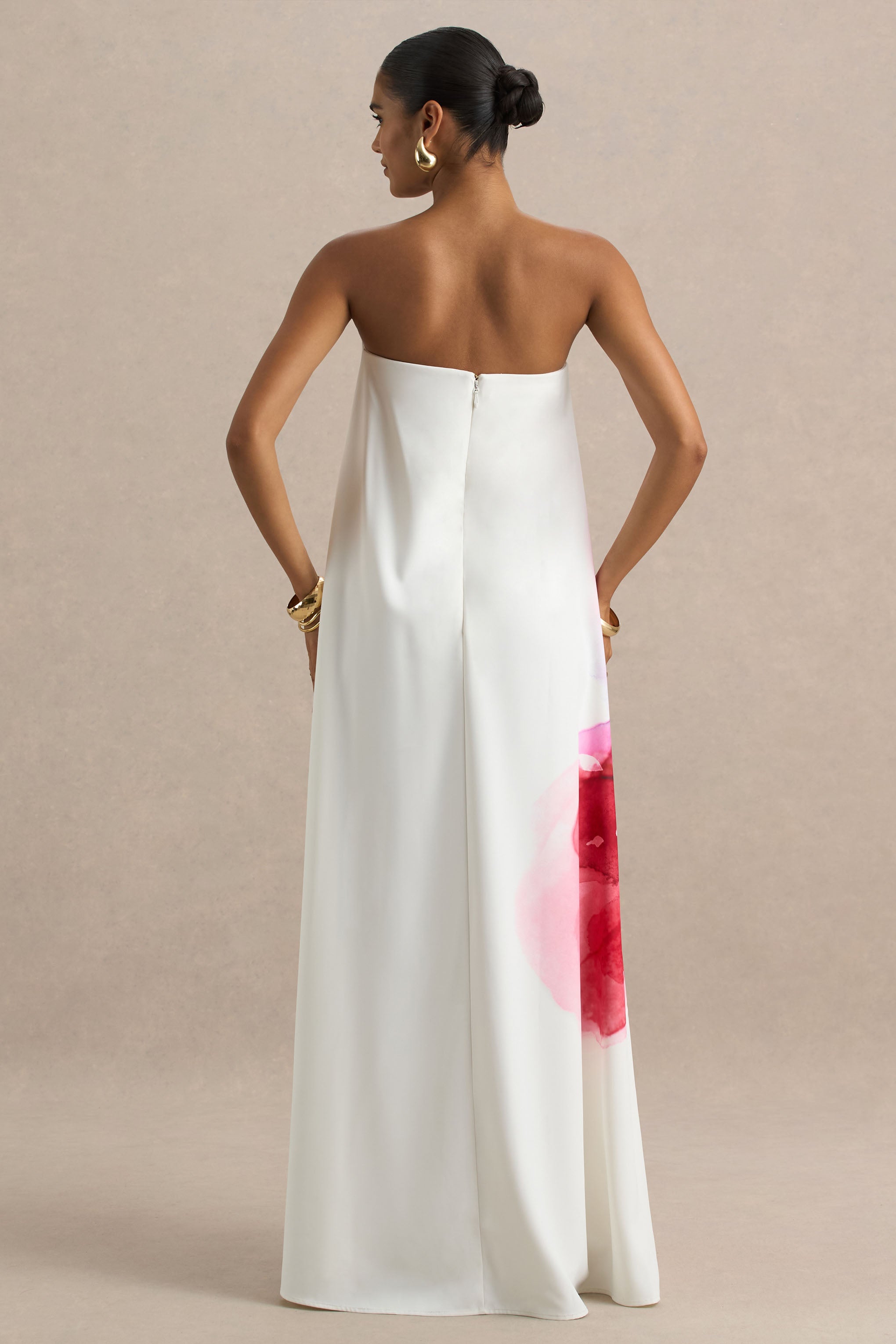 Breonna | Parlak Pembe Çiçek Desenli Bandeau Maxi Elbise