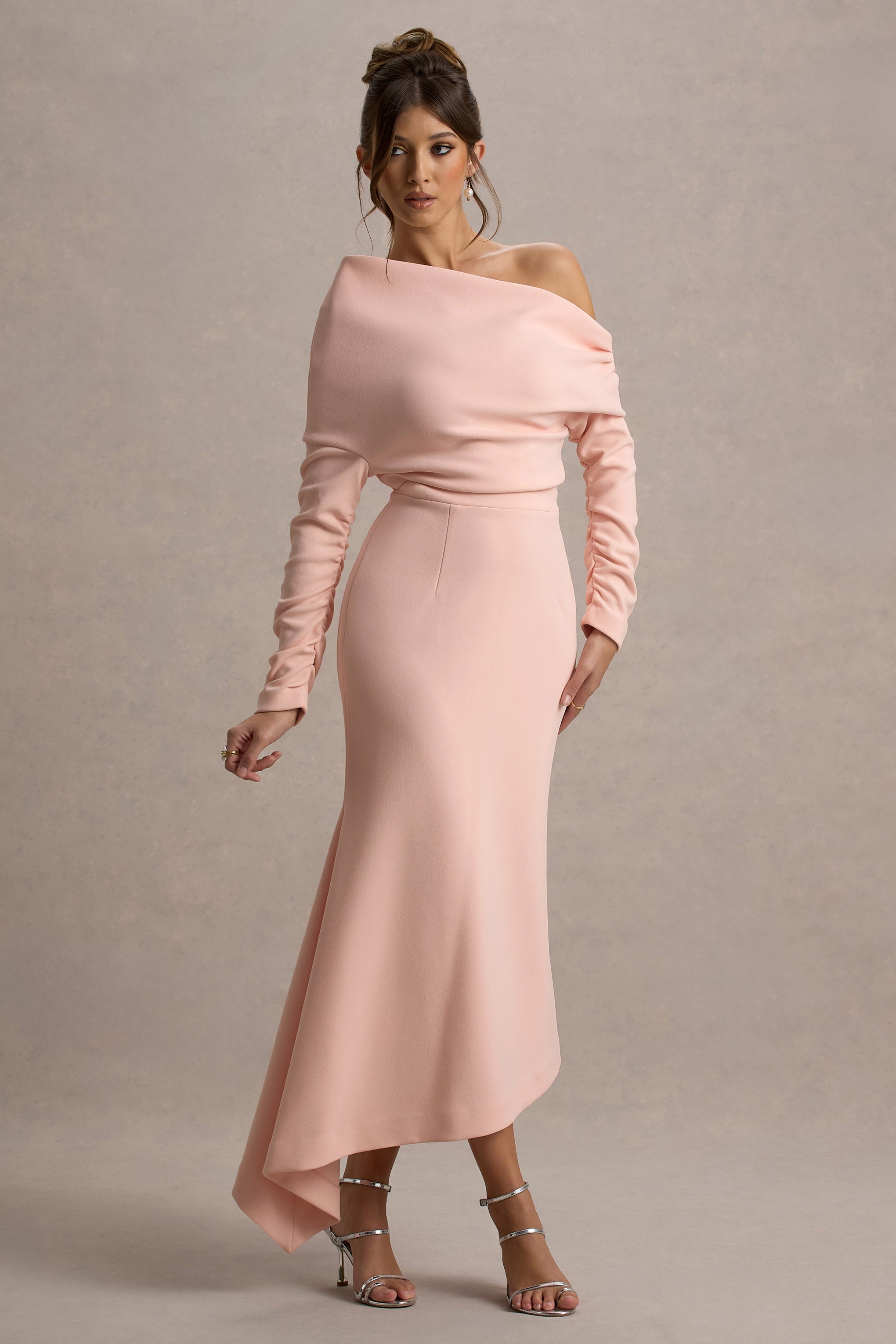 Lou | Pembe Tek Omuz Asimetrik Maxi Elbise