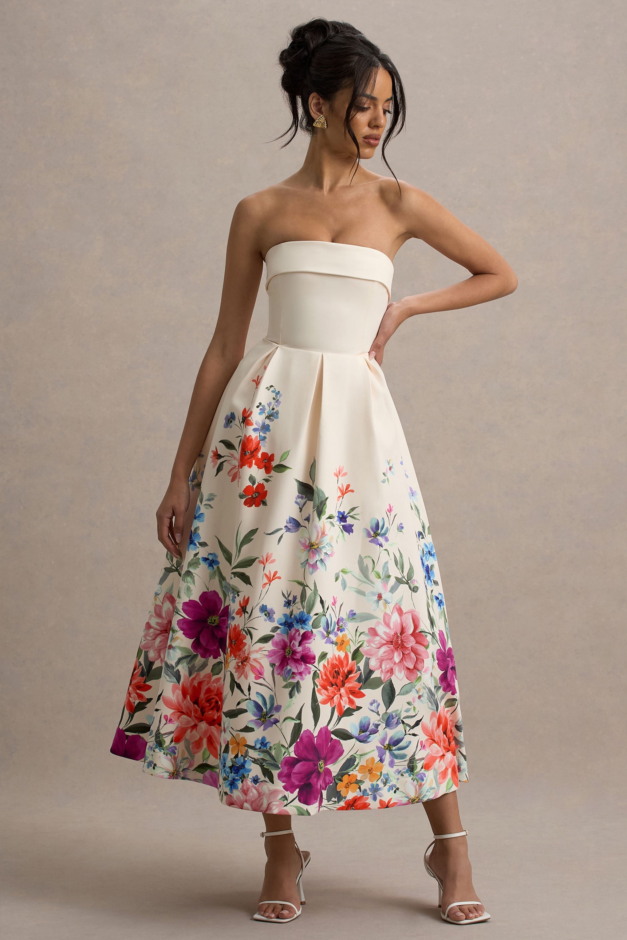 Annalise | Açık Pembe Çiçek Desenli Bandeau Midi Elbise