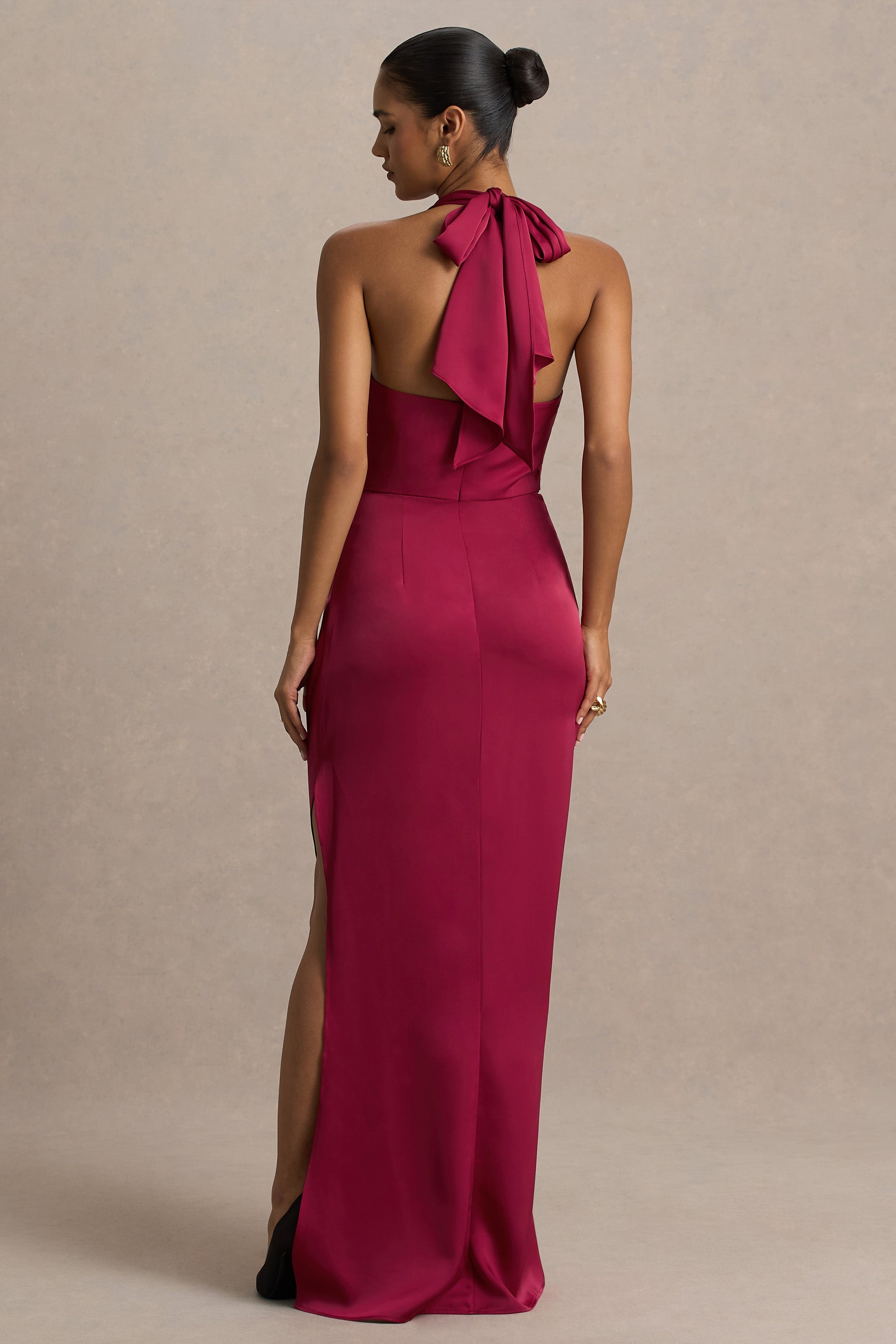 Lynette | Bordo Saten Derin Yaka Asimetrik Maxi Elbise