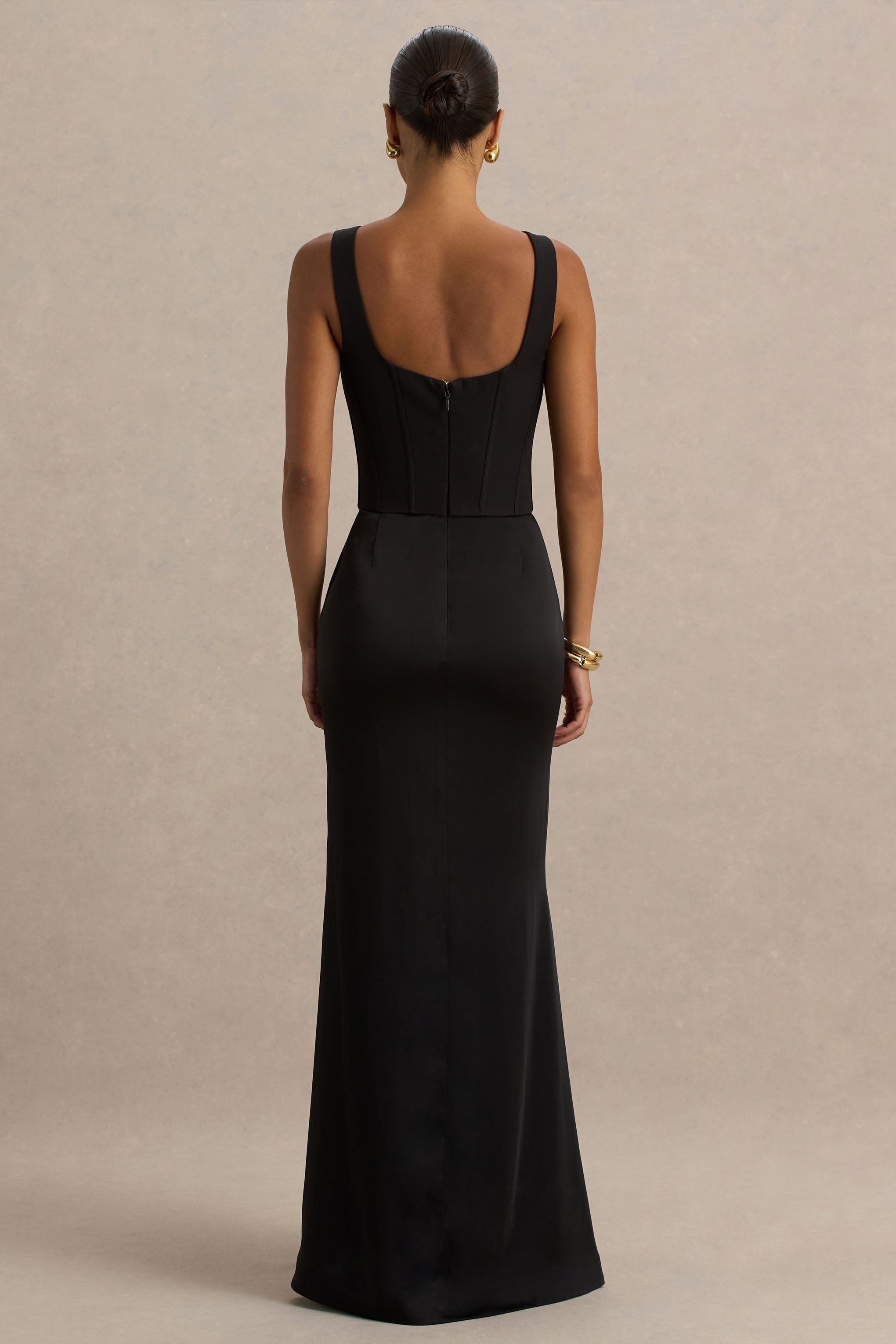 Morgan | Siyah Saten Korse Maxi Elbise