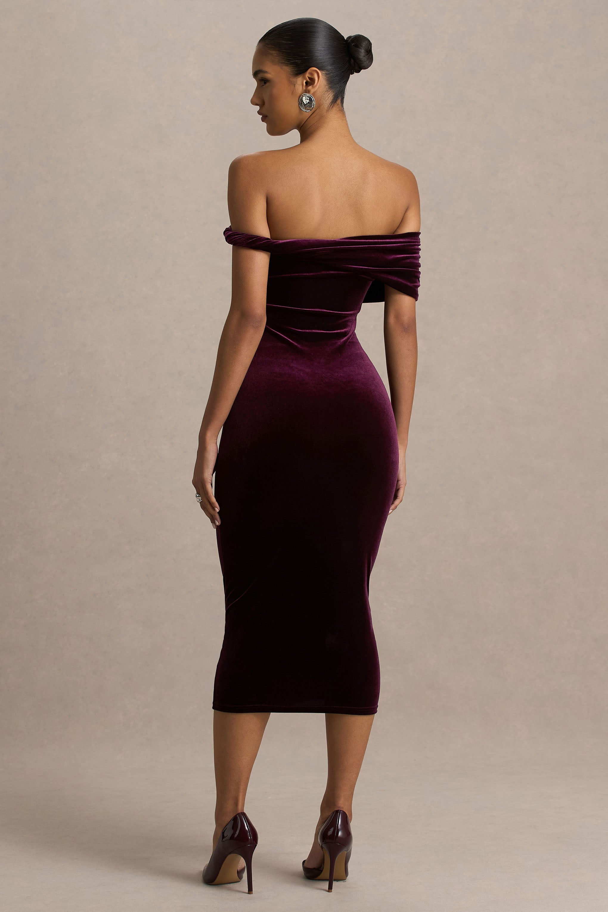 Billie | Bordo Kadife Bardot Yaka Midi Elbise Twist Kolu ile