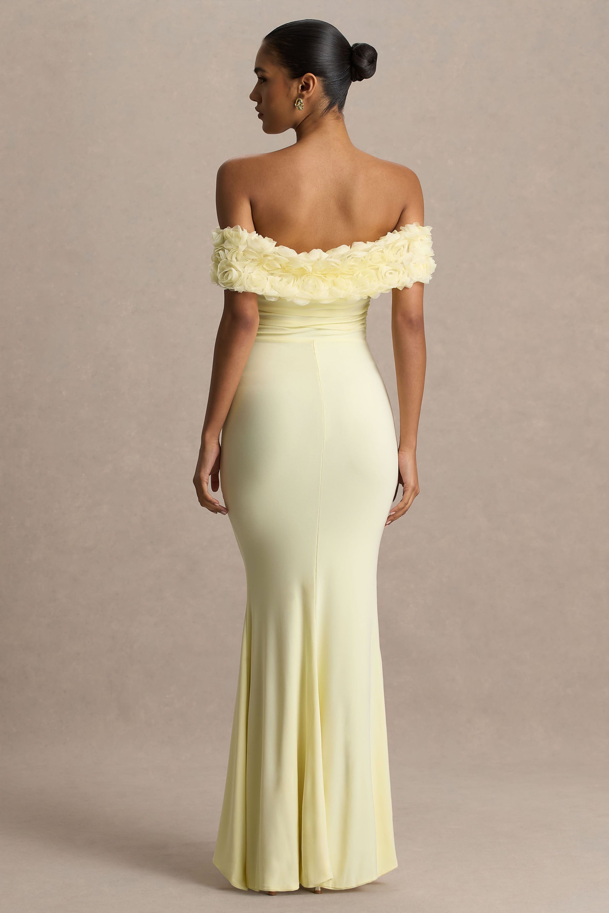 Pastille | Şifon Detaylı Limon Çiçekli Bardot Maxi Elbise