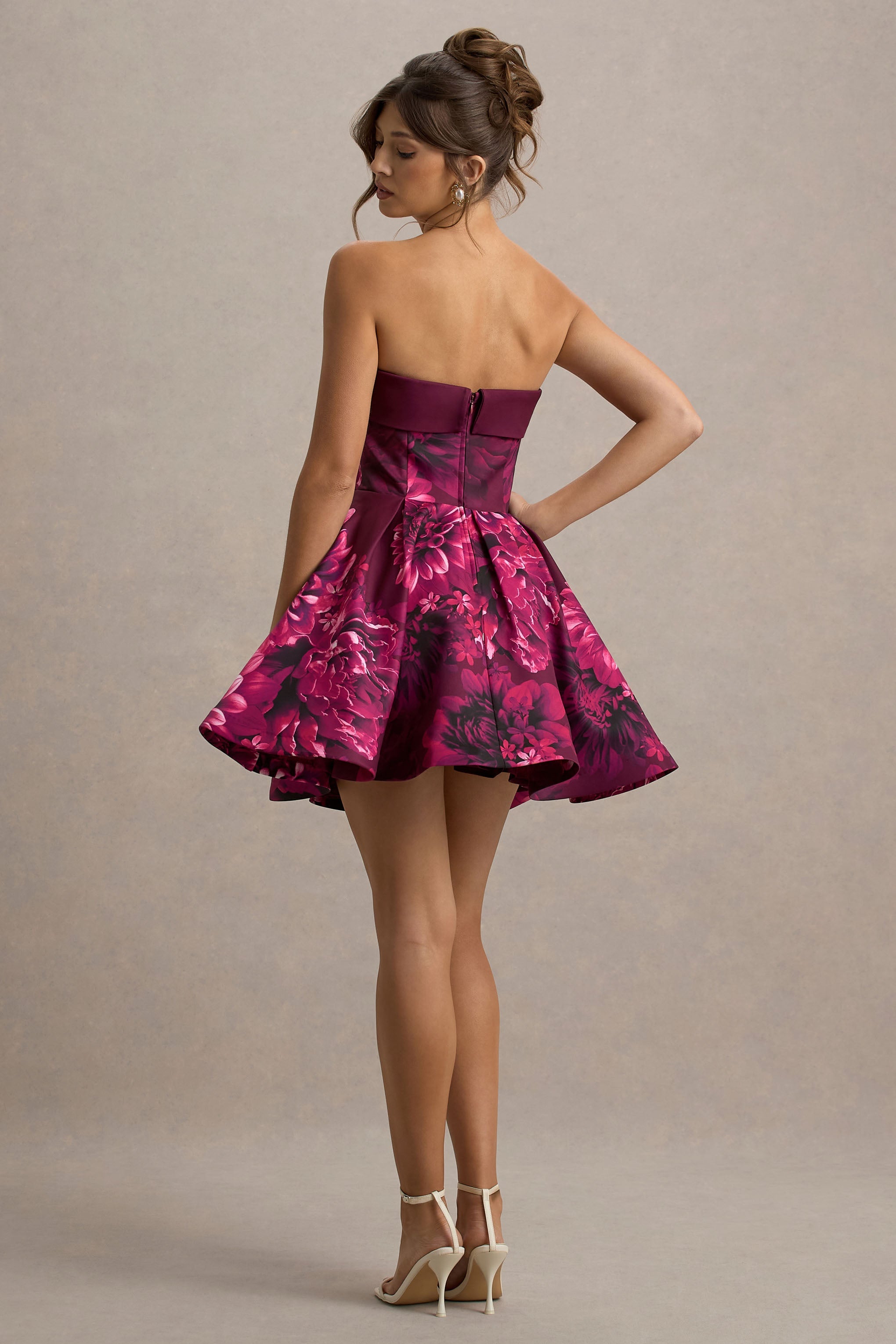 Fiorenza | Pembe Çiçek Desenli Bandeau Mini Elbise