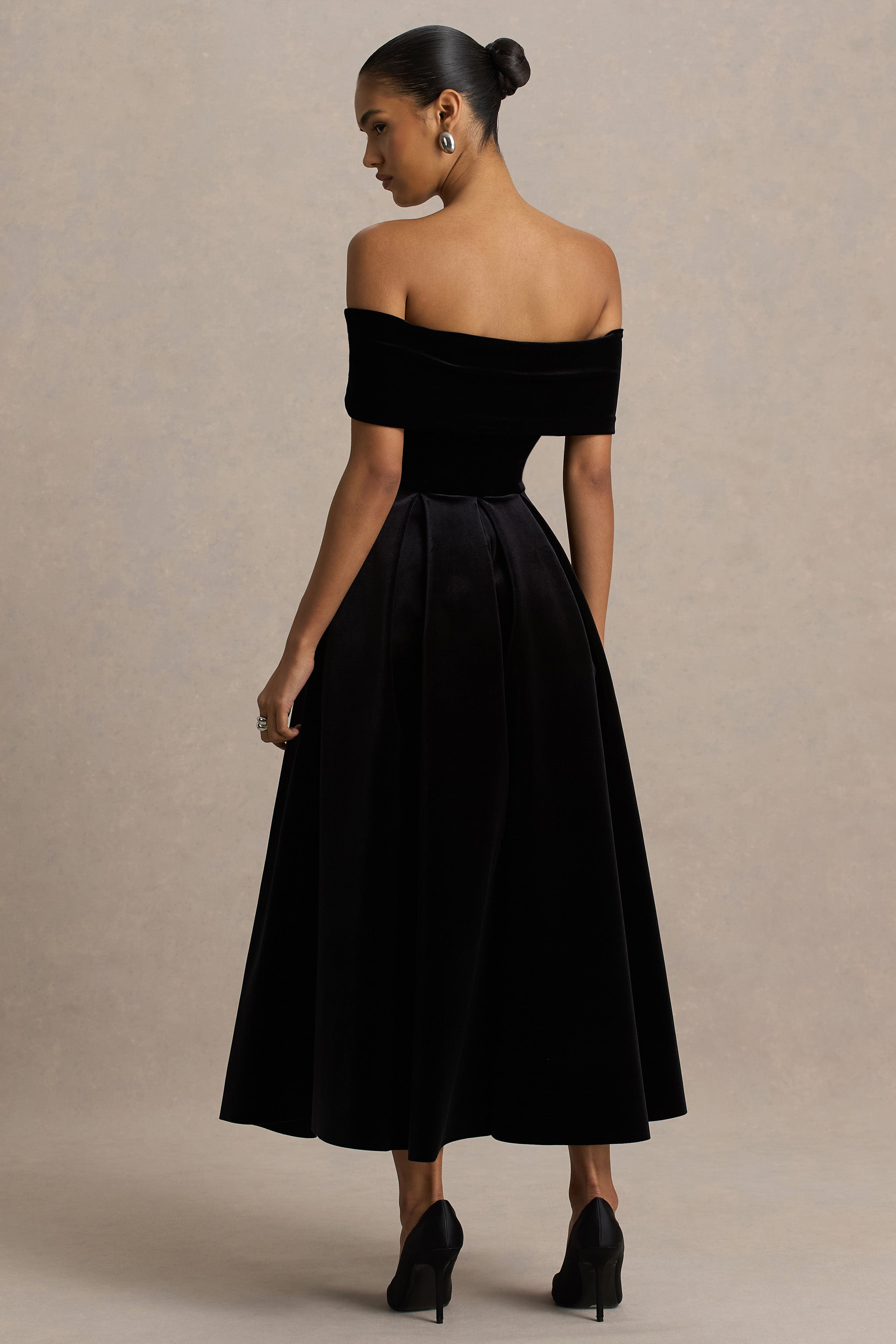 Ablaze | Siyah Kadife Bardot Yaka Maxi Elbise