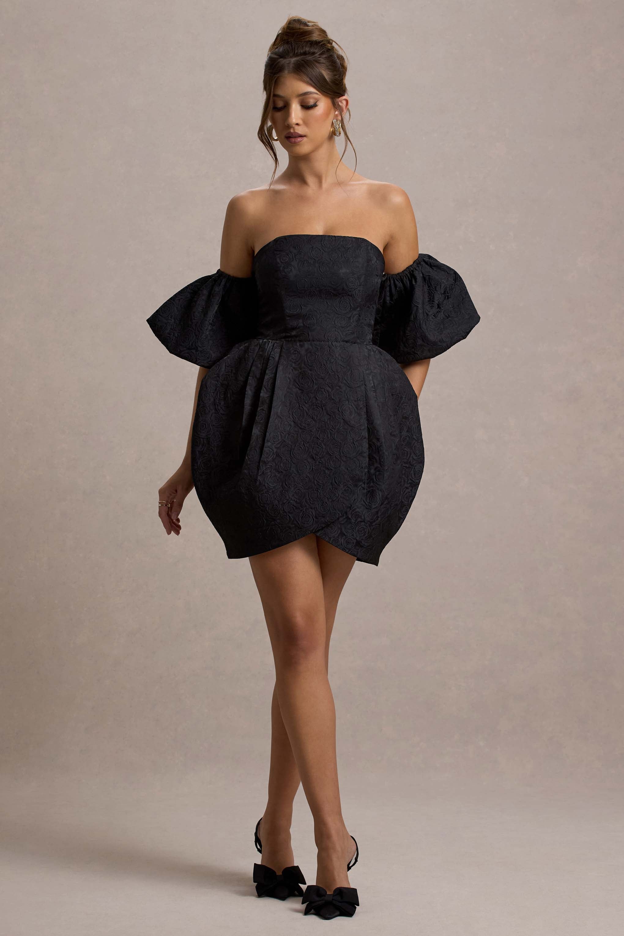 Ramone | Siyah Bardot Mini Elbise ile Lale Etek