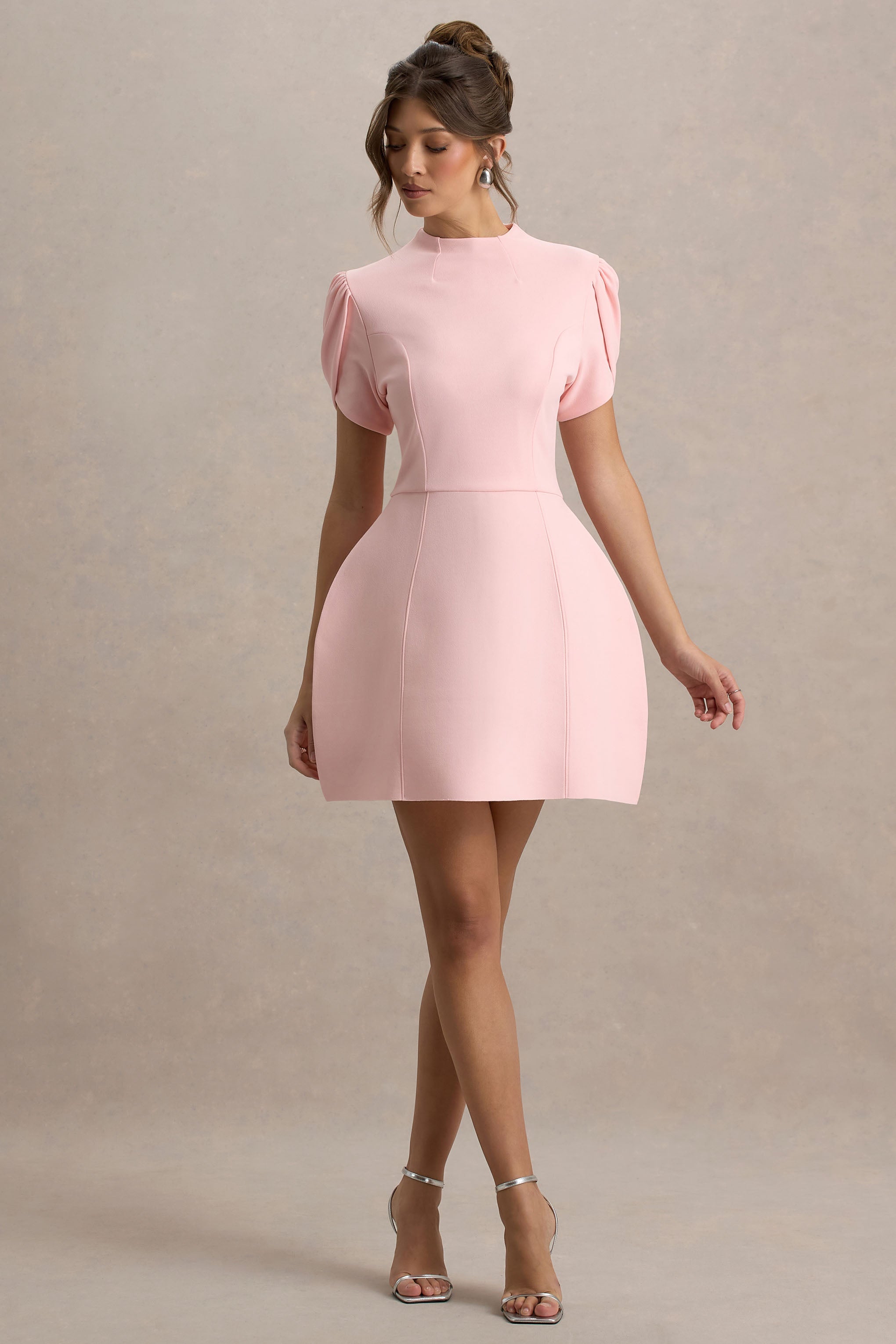 Carabella | Pembe Yüksek Yaka Kısa Kollu Mini Elbise