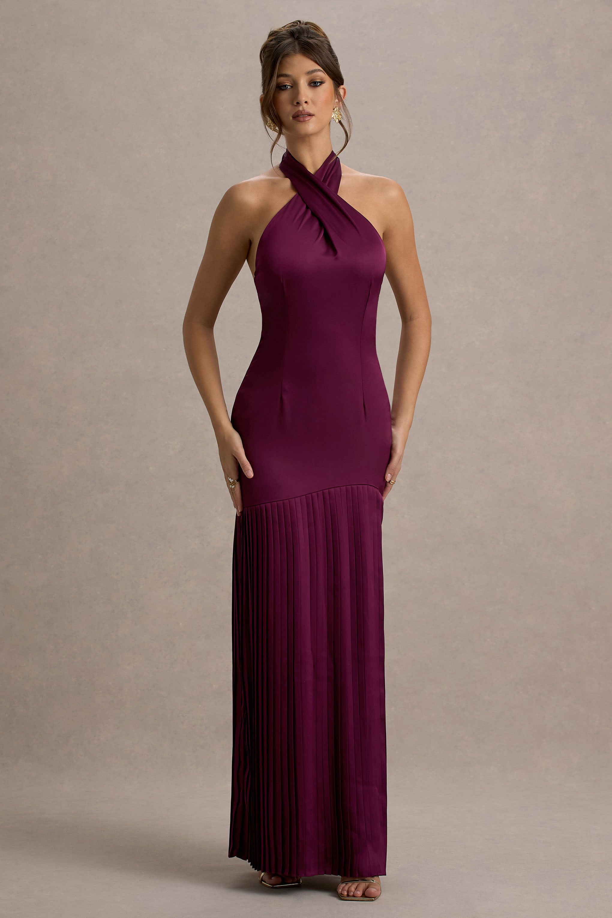 Sansa | Bordo Saten Çapraz Halter Yaka Plise Maxi Elbise
