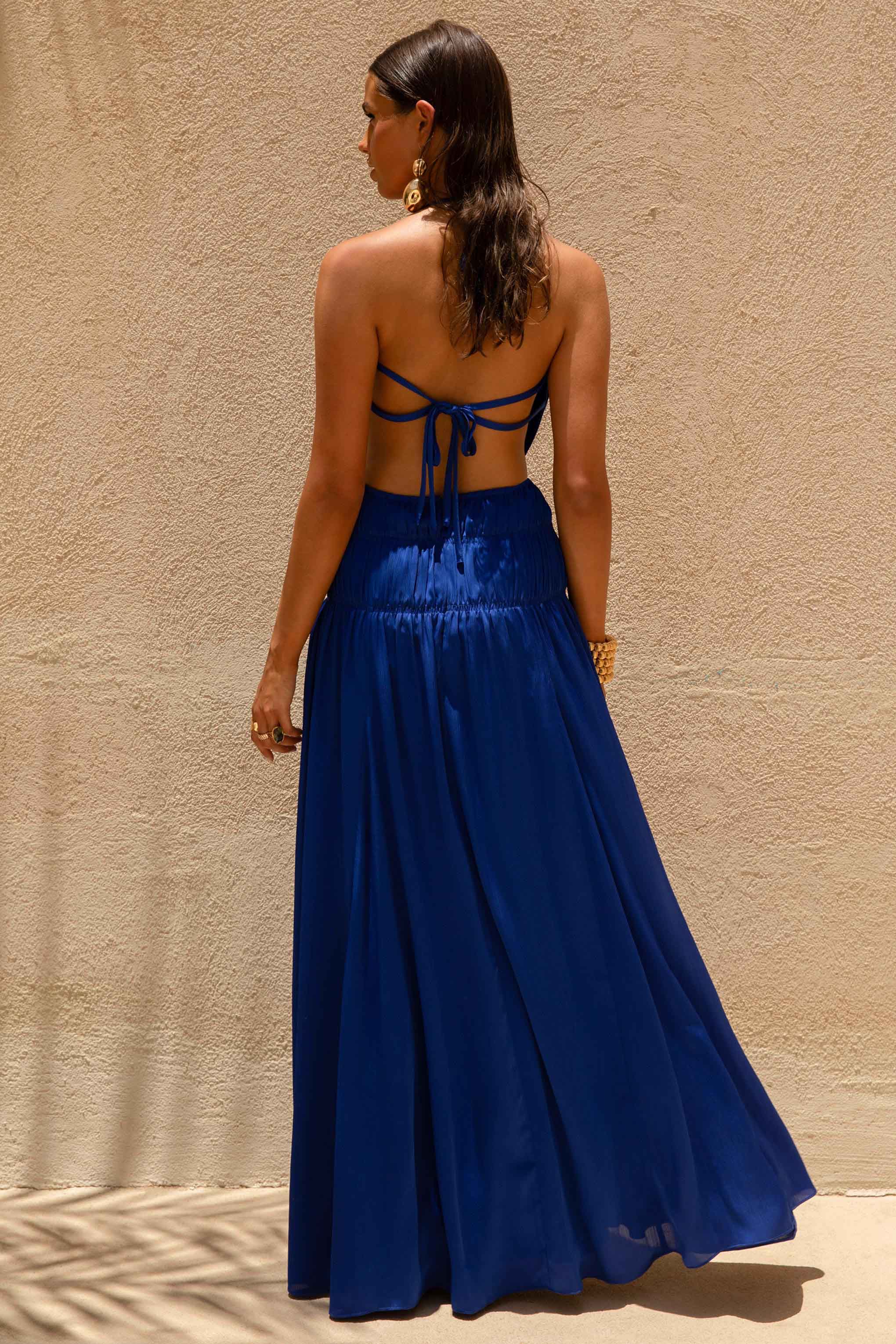 Pasifik | Açık Sırtlı Mavi Halter Yaka Maxi Elbise