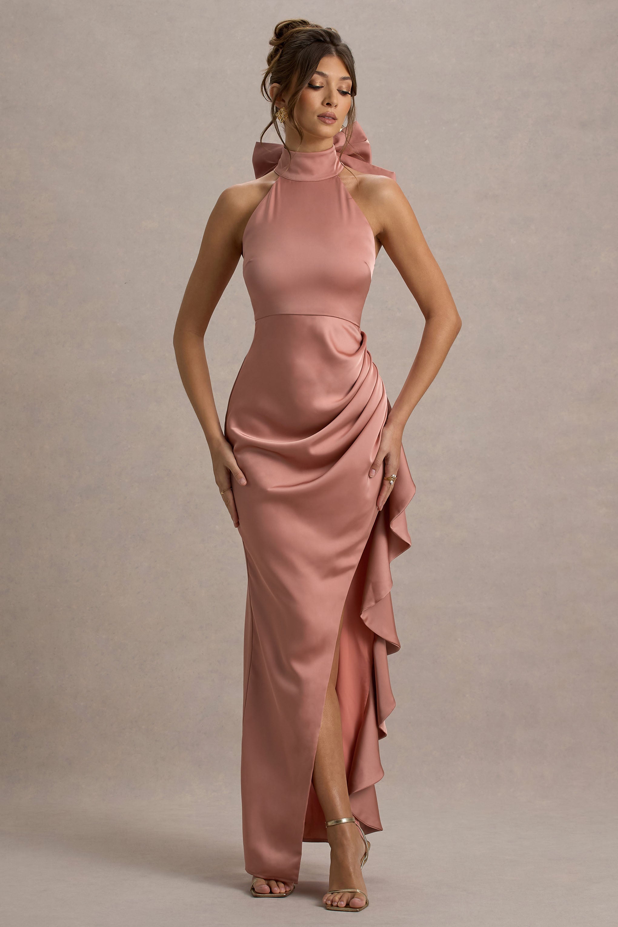 Maureen | Pembe Saten Yüksek Yaka Drapeli Maxi Elbise