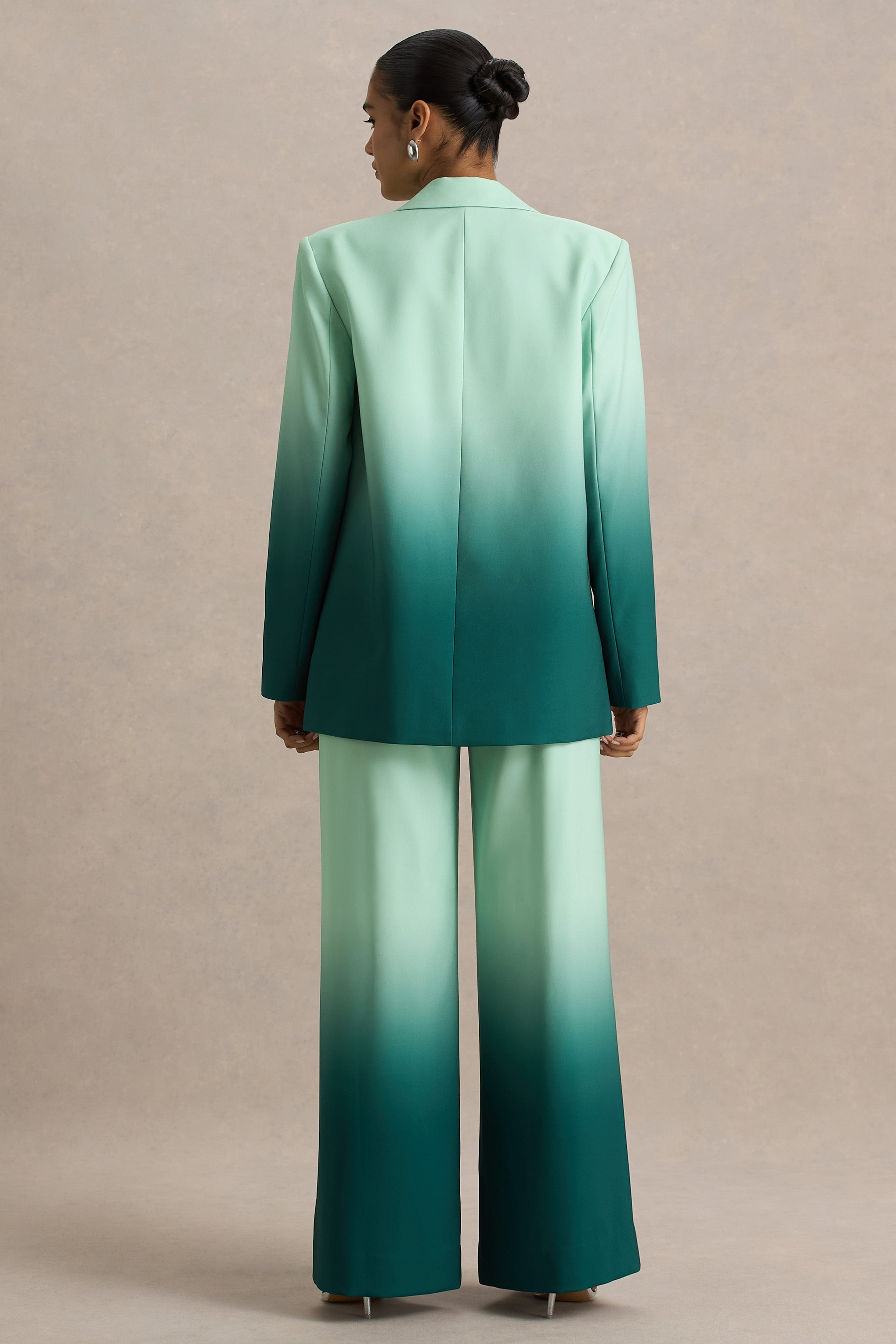 Enya | Zümrüt Ombre Derin Yaka Saten Blazer