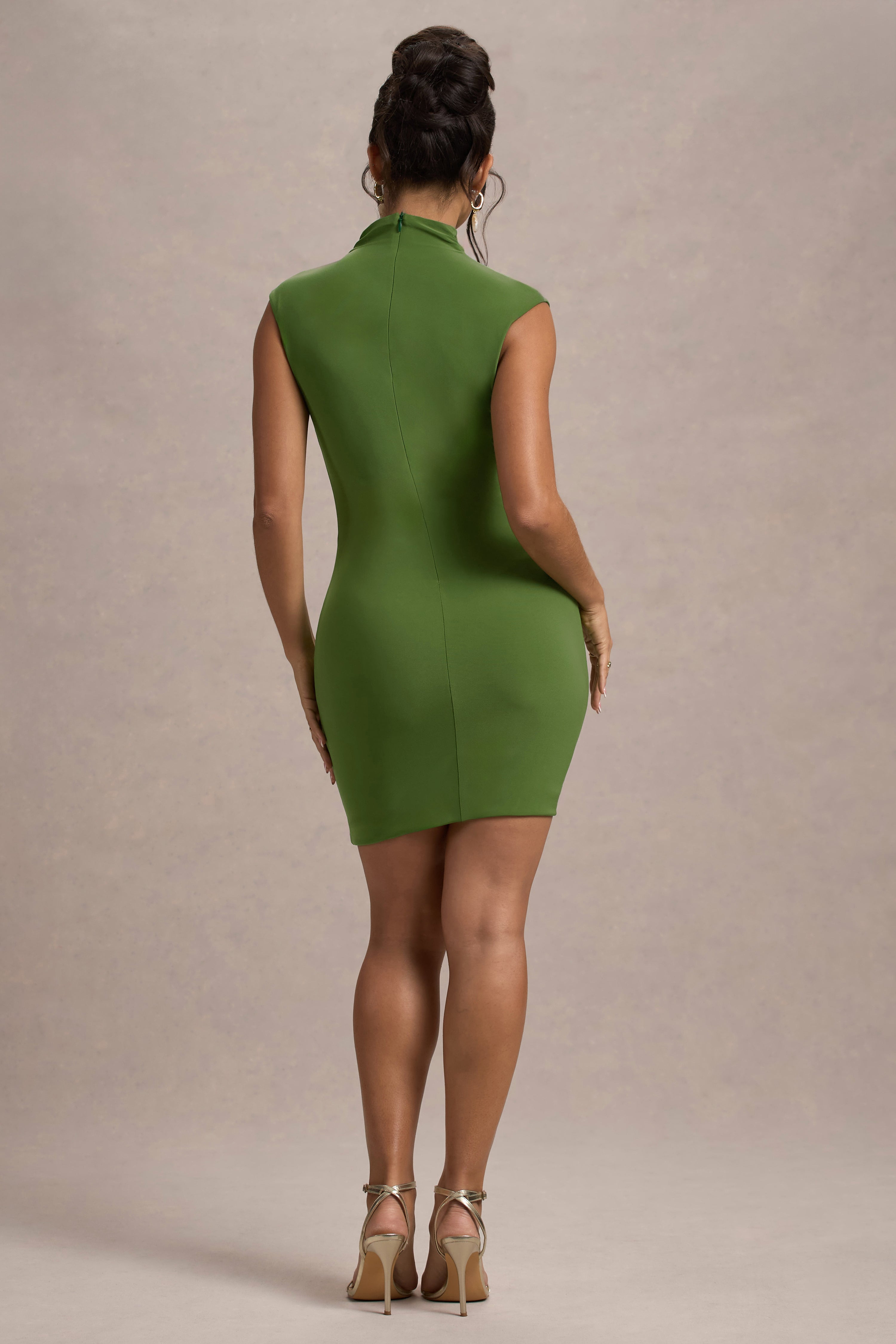 Lalani | Palm Yeşil Ruched Yüksek Yaka Mini Elbise