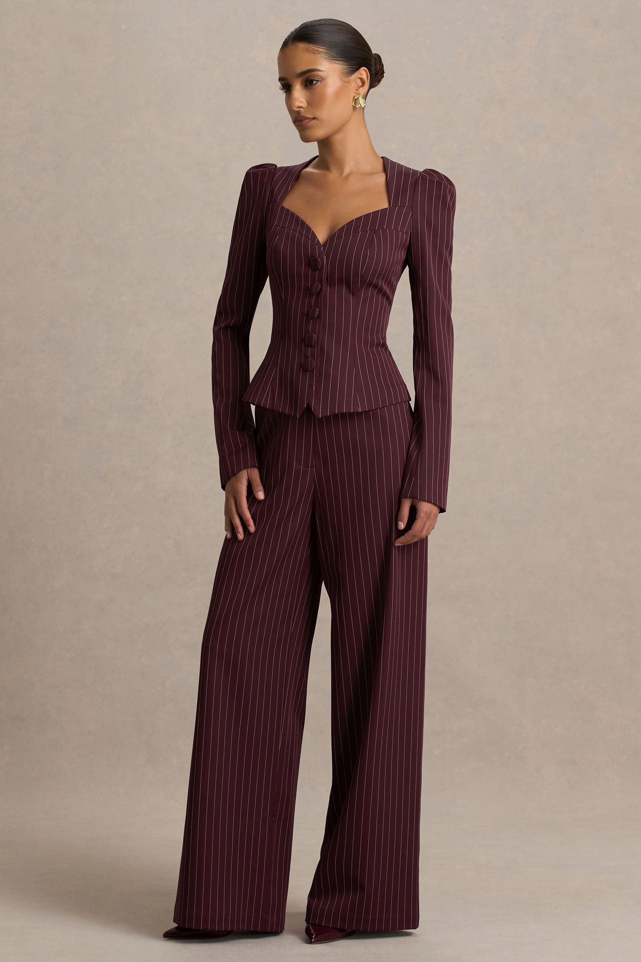 Asteria | Bordo Çizgili Geniş Paça Pantolon